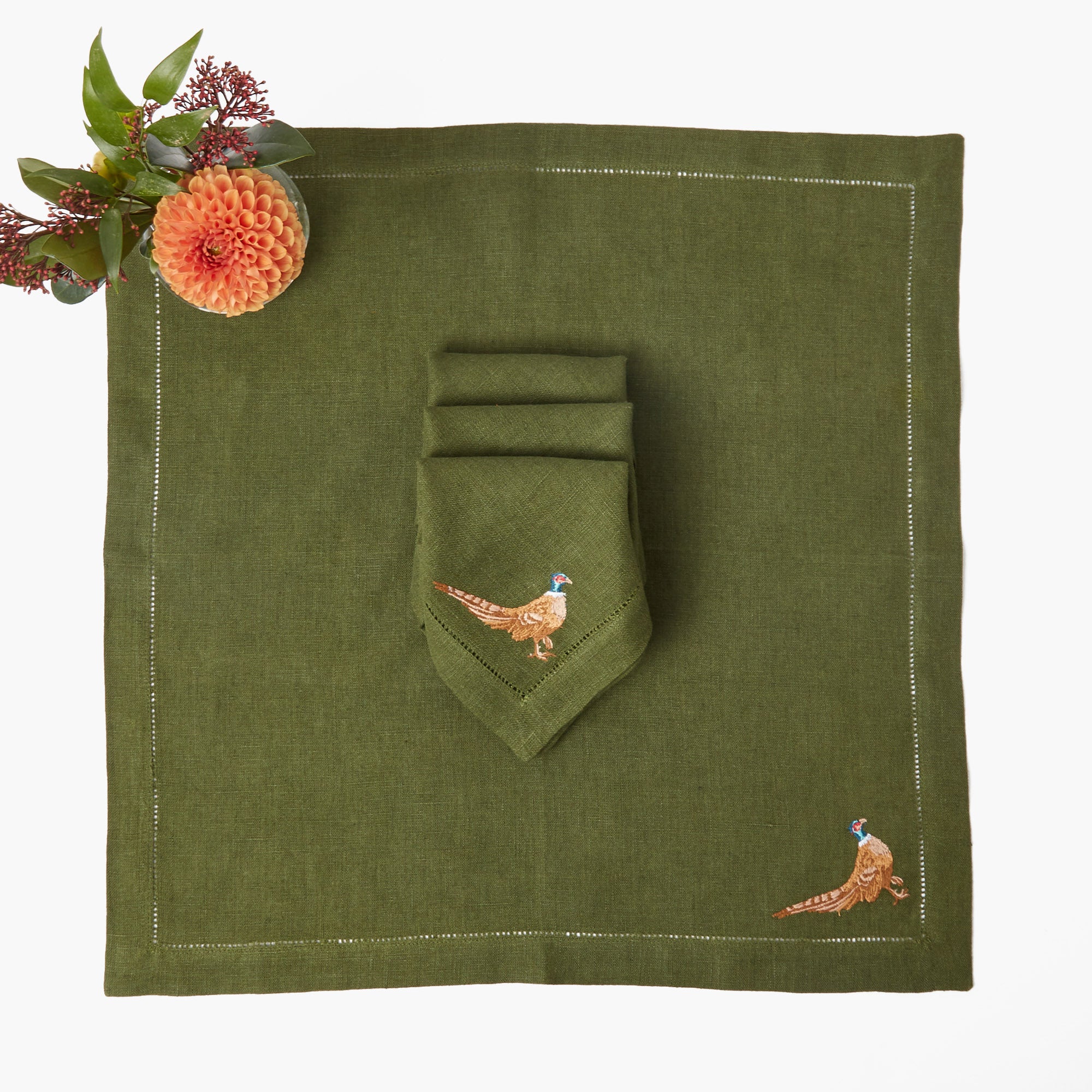 Eloise Forest Green Linen Placemats & Pheasant Napkins (Set of 4)