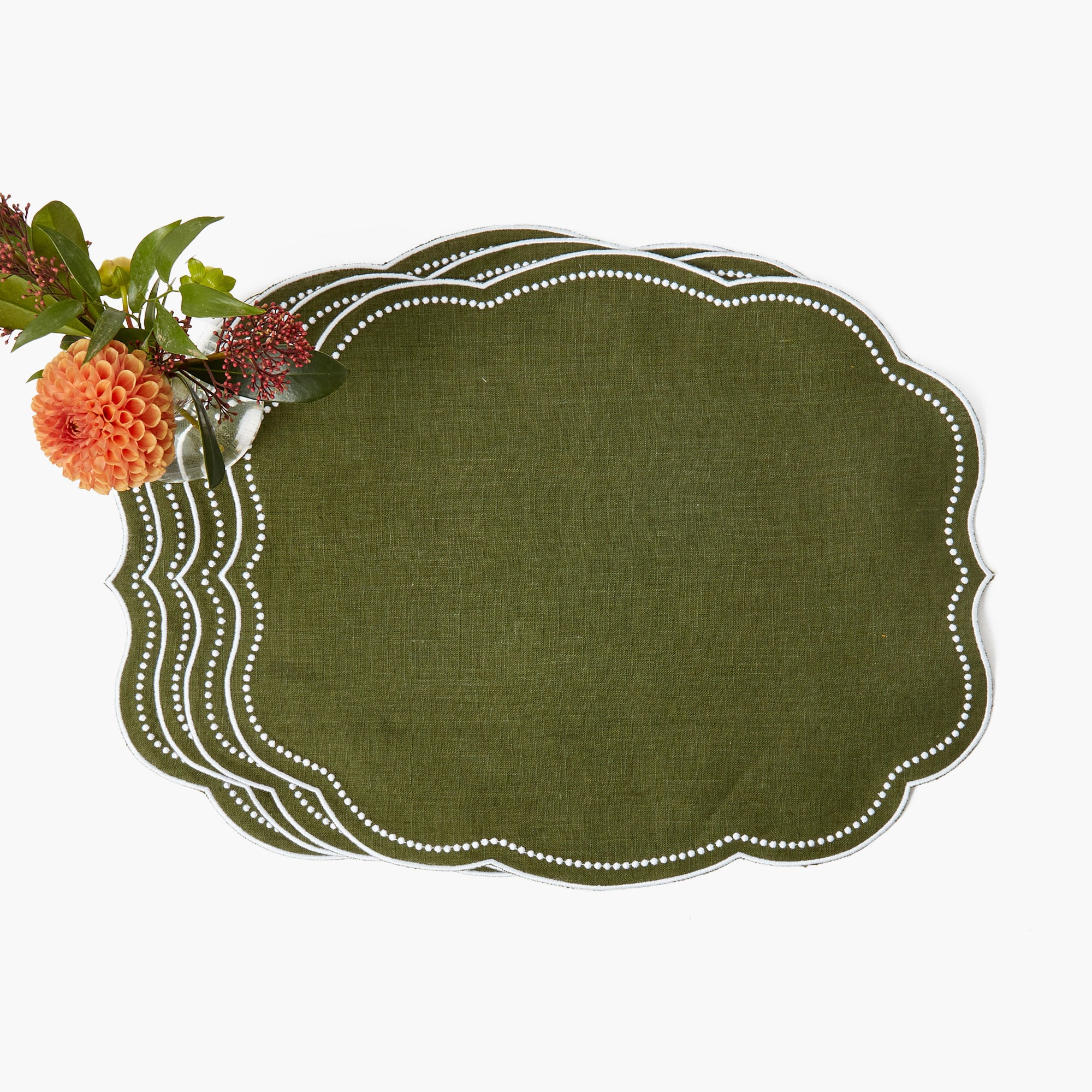 Eloise Forest Green Linen Placemats & Pheasant Napkins (Set of 4)