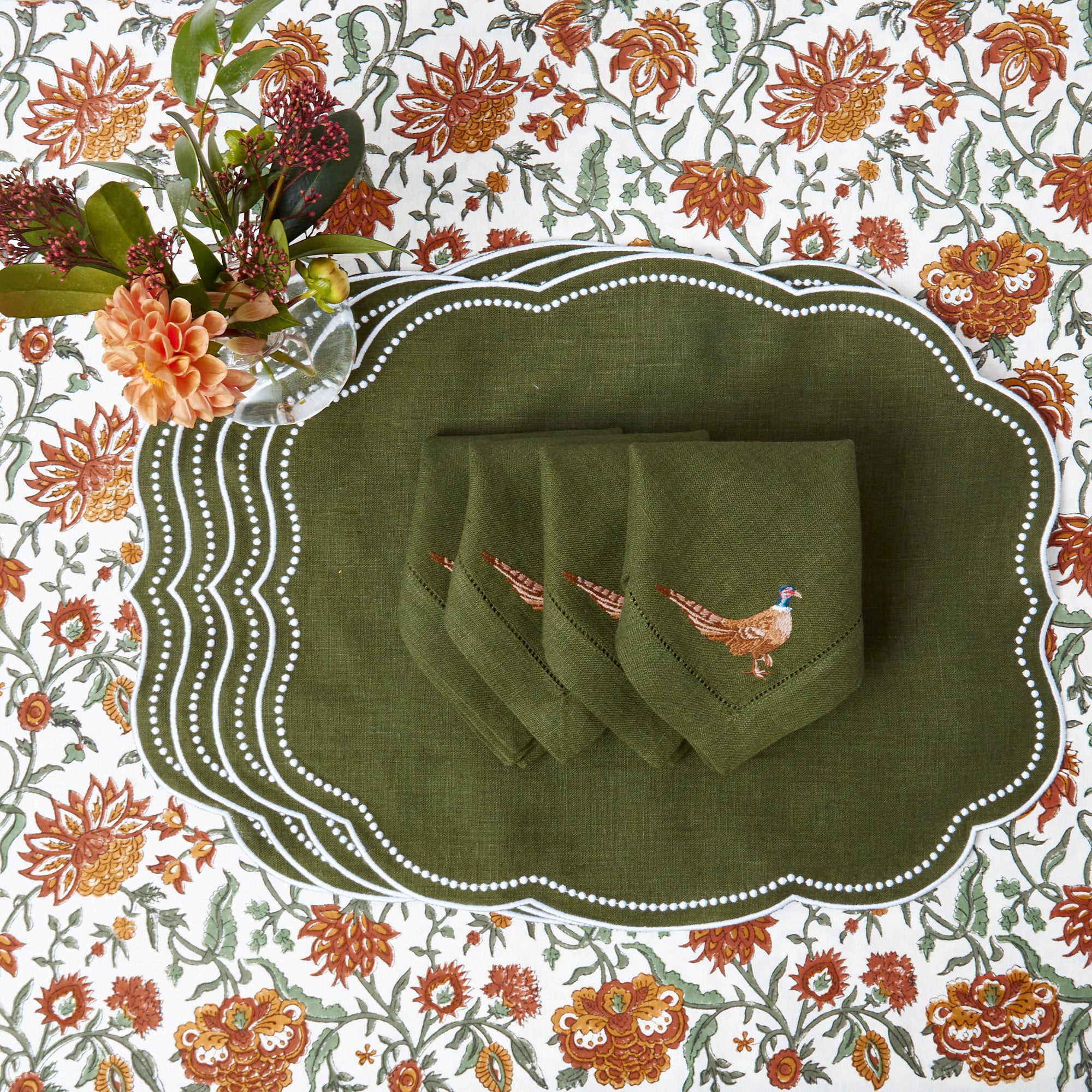 Pheasant Forest Green Linen Napkins (Set of 4)