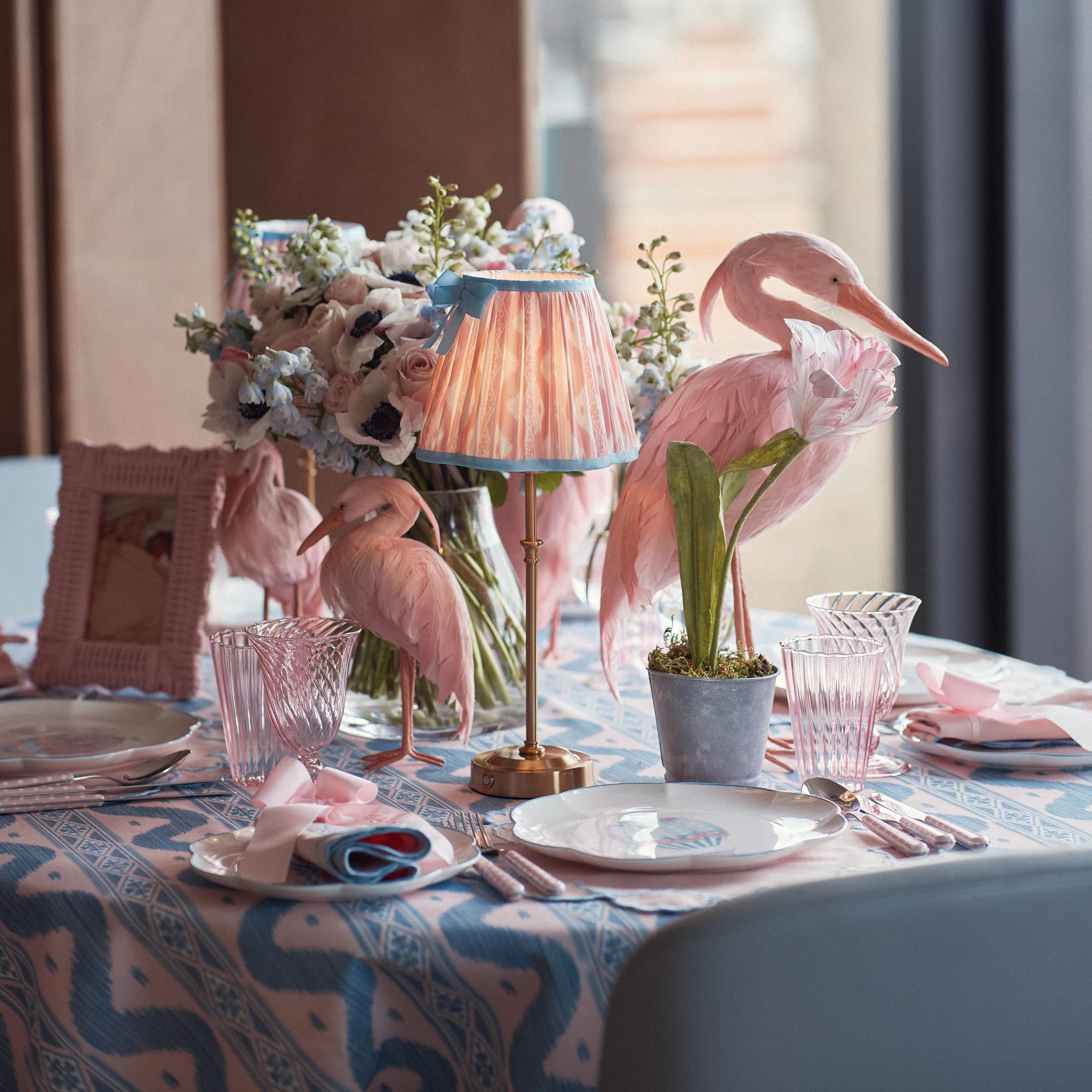 Edie Rechargeable Lamp with Pink & Blue Ikat Bow Shade (18cm)