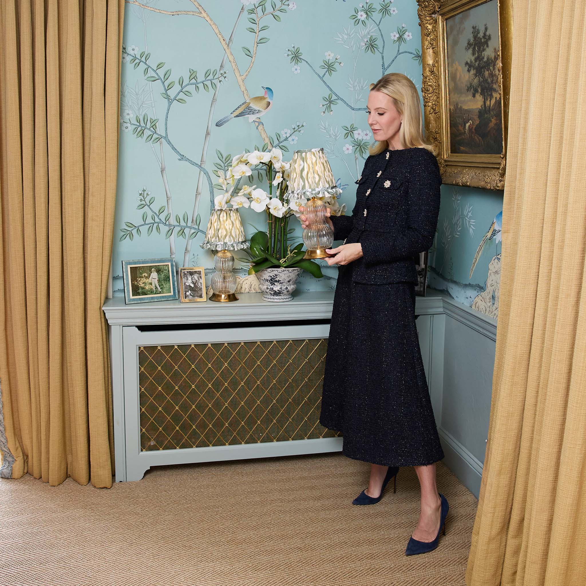 Glass Bardot Rechargeable Lamp with Olive Ikat Ruffle Shade (18cm)