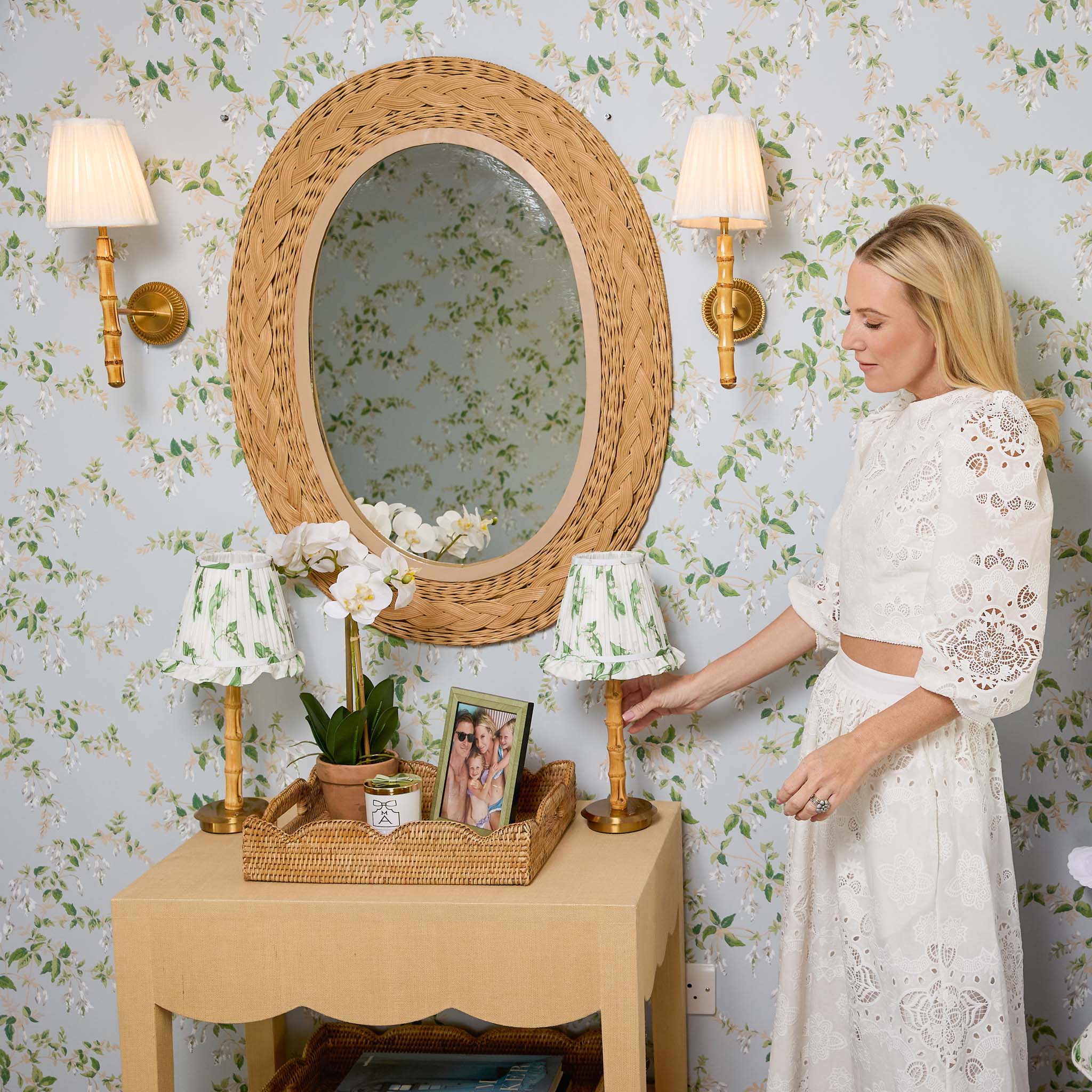 Rechargeable Bamboo Lamp with Lily of the Valley Ruffle Shade (18cm)