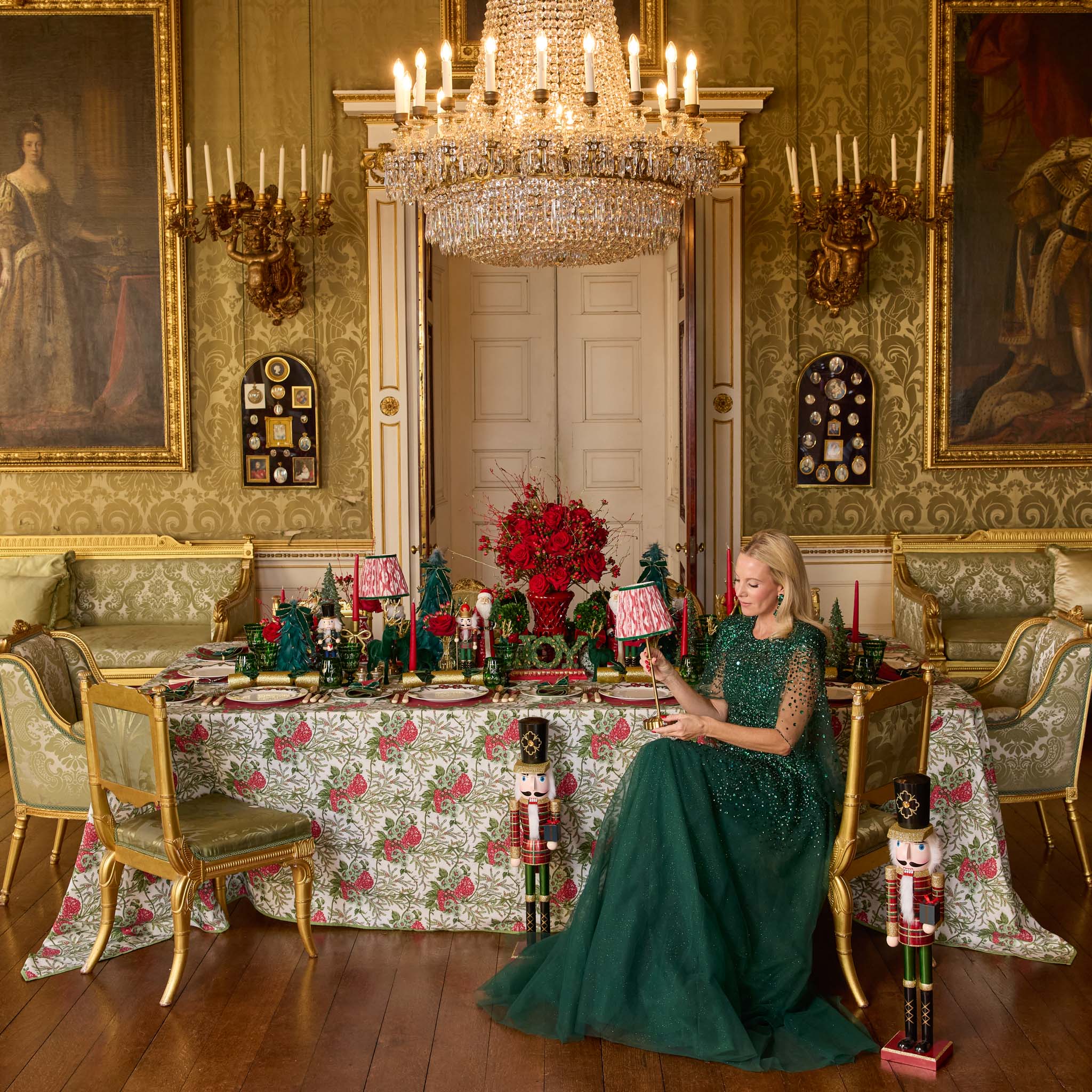 Edie Tall Rechargeable Lamp with Red & Green Ikat Shade (18cm)