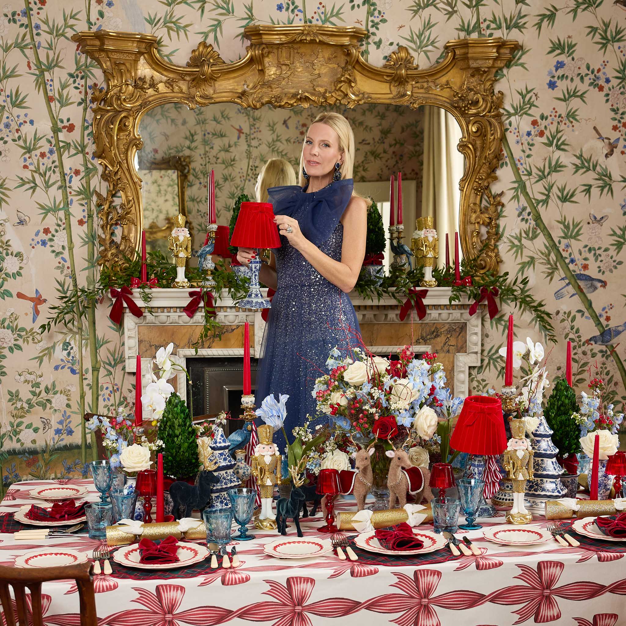 Serena Chinoiserie Rechargeable Lamp with Red Velvet Bow Shade (18cm)