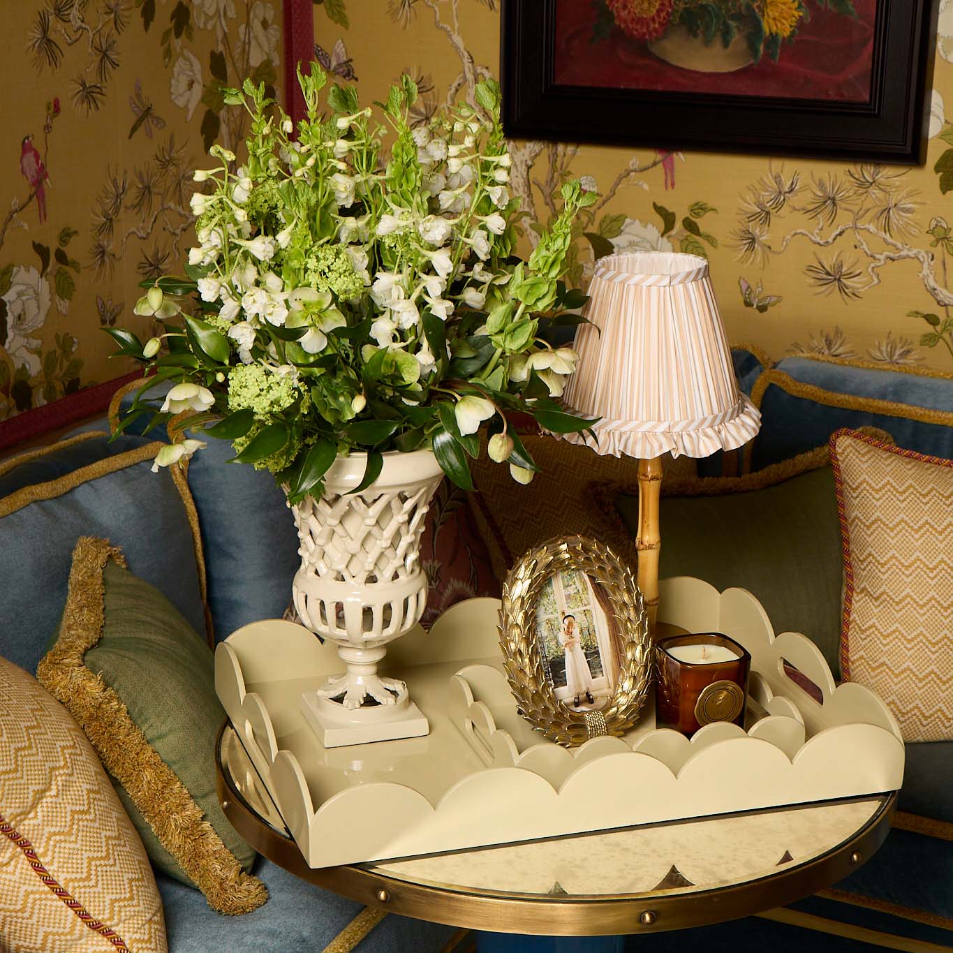 Bamboo Rechargeable Lamp with Putty Striped Ruffle Shade (18cm)