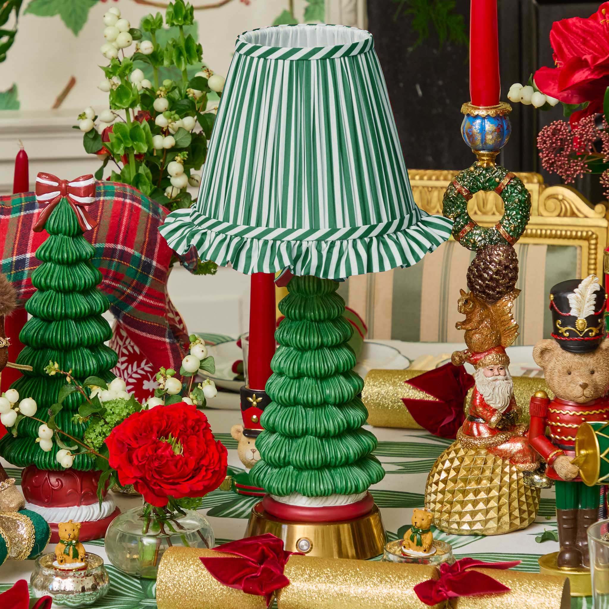 Jolly Christmas Tree Rechargeable Lamp with Forest Green Striped Ruffle Lampshade (18cm)