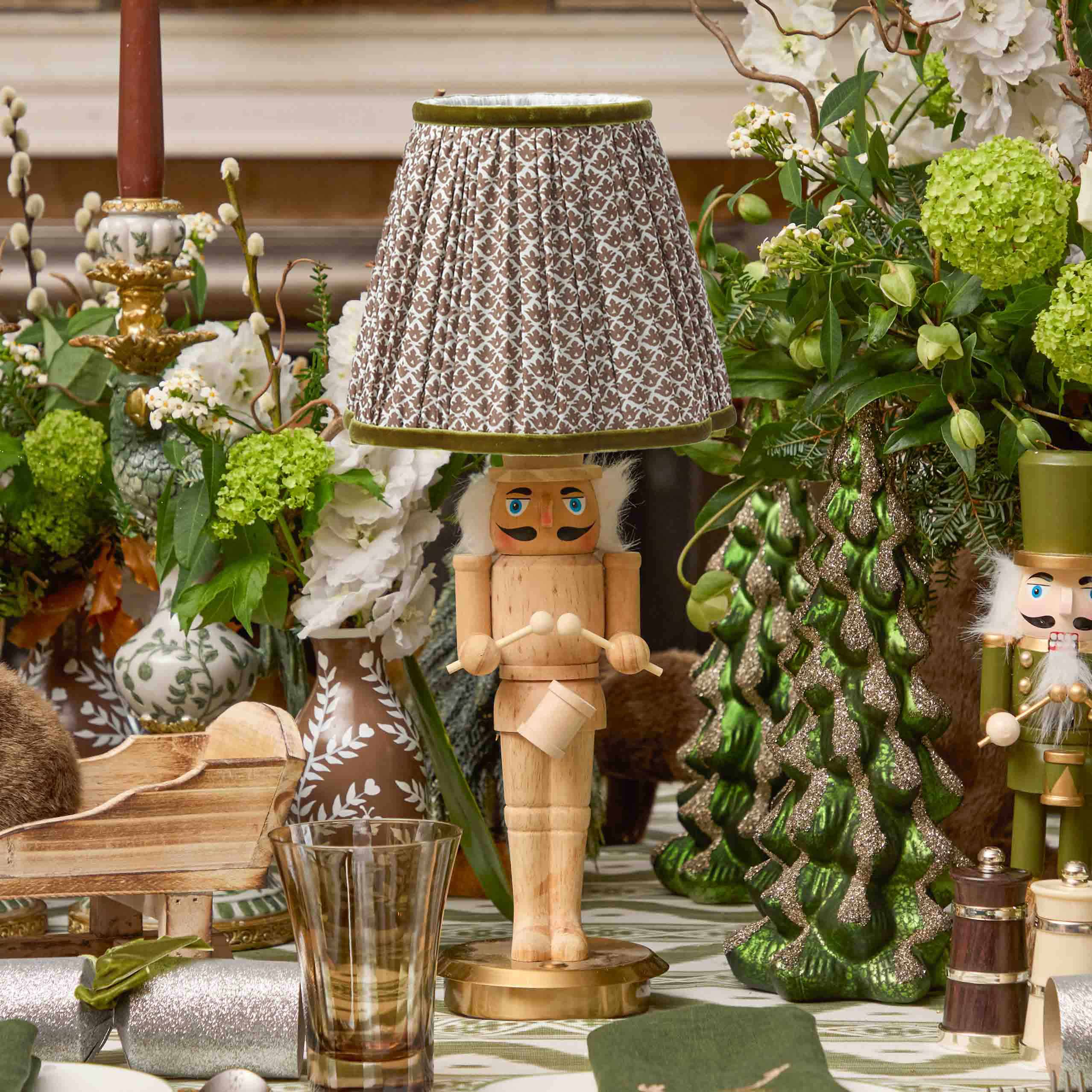 Pair of Nutcracker Rechargeable Lamp with Chocolate & Olive Lotus Shades (18cm)