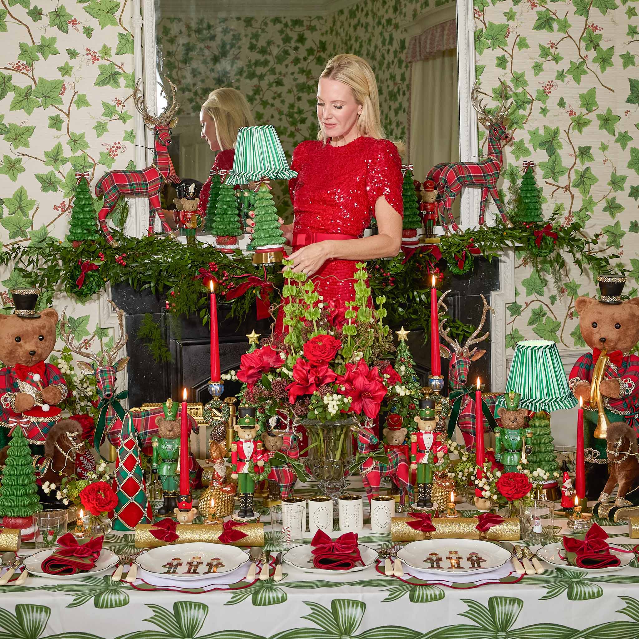 Jolly Christmas Tree Rechargeable Lamp with Forest Green Striped Ruffle Lampshade (18cm)