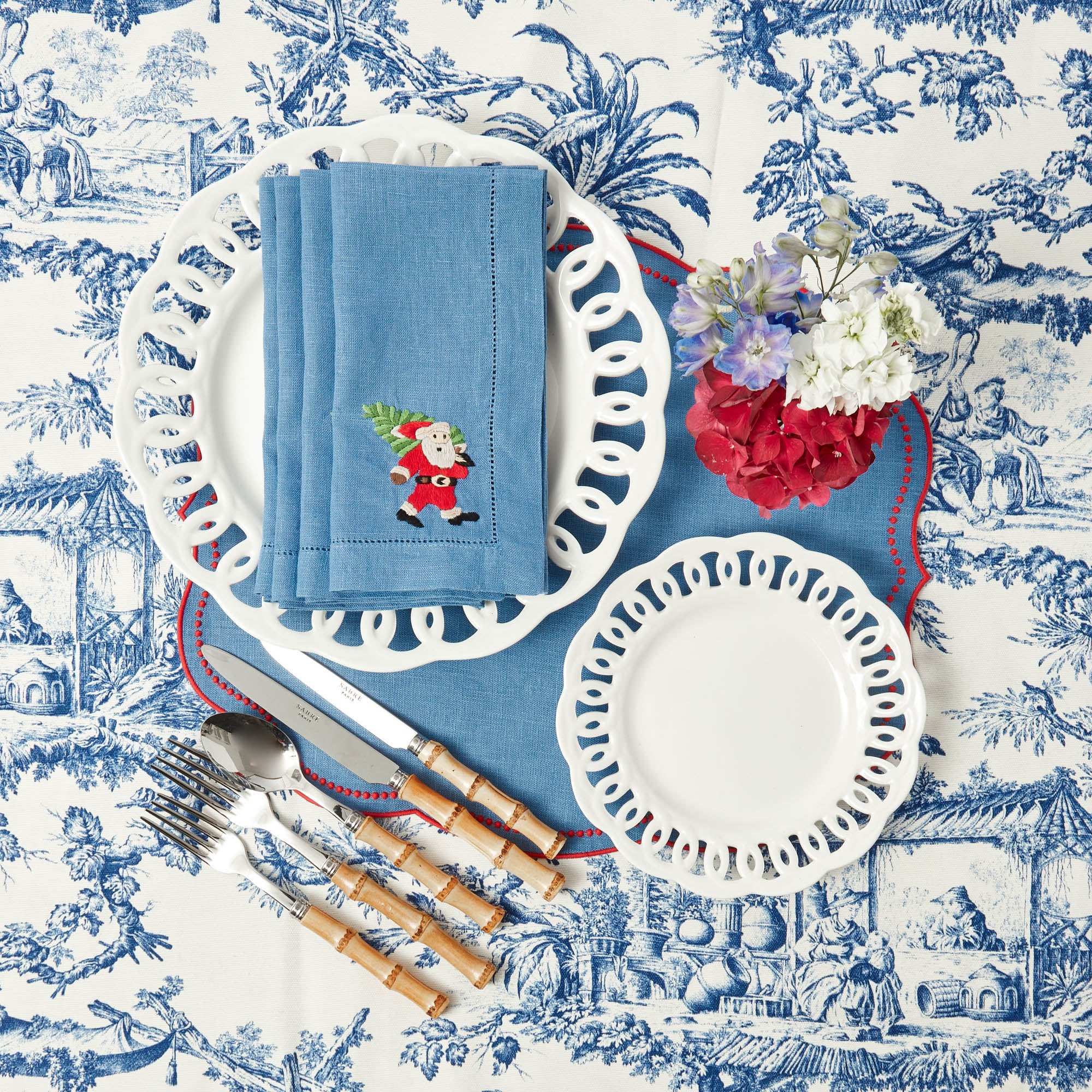 Blue & Red Hand Embroidered Father Christmas Napkins (Set of 4)