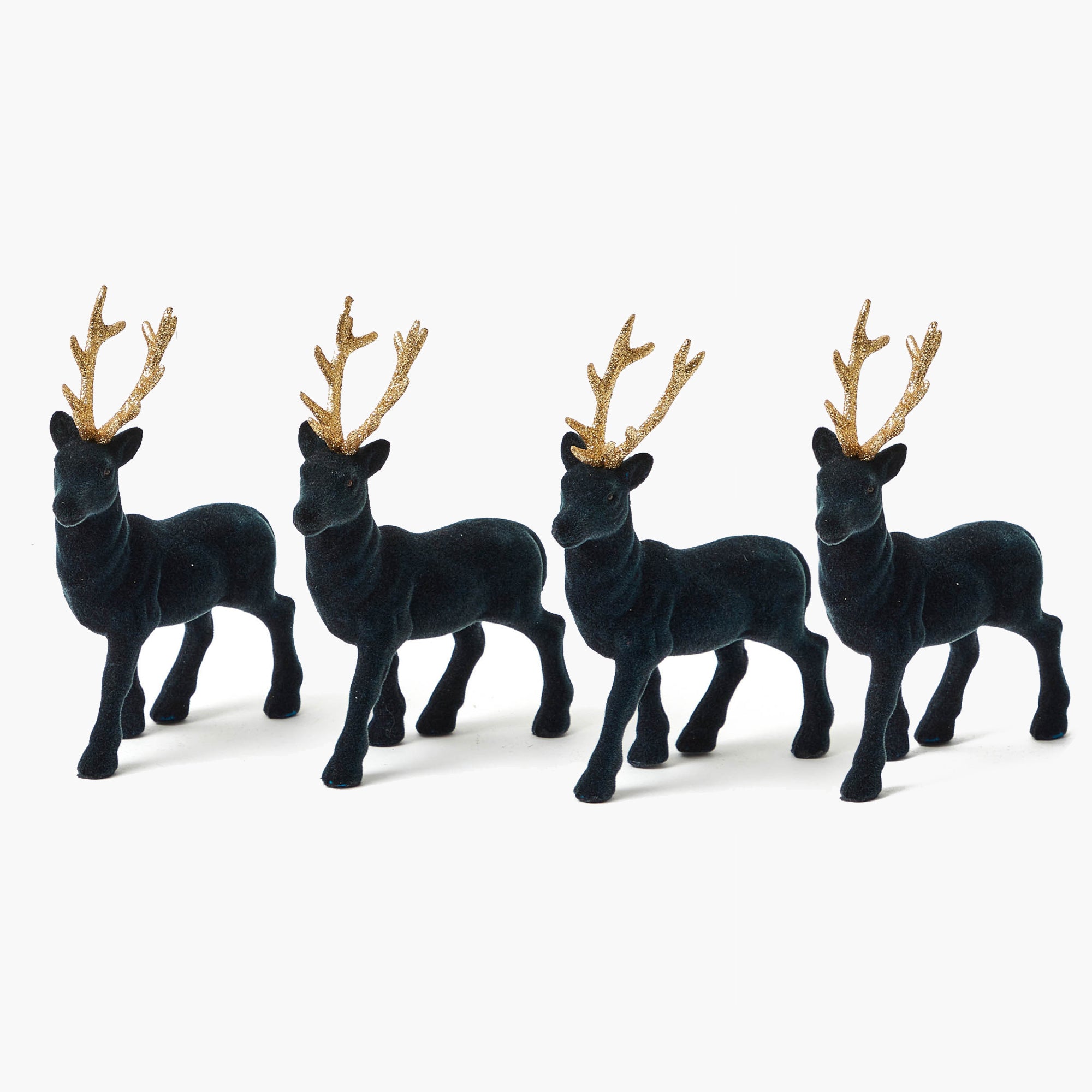 Small Flocked Navy Reindeers with Gold Antlers (Set of 4)