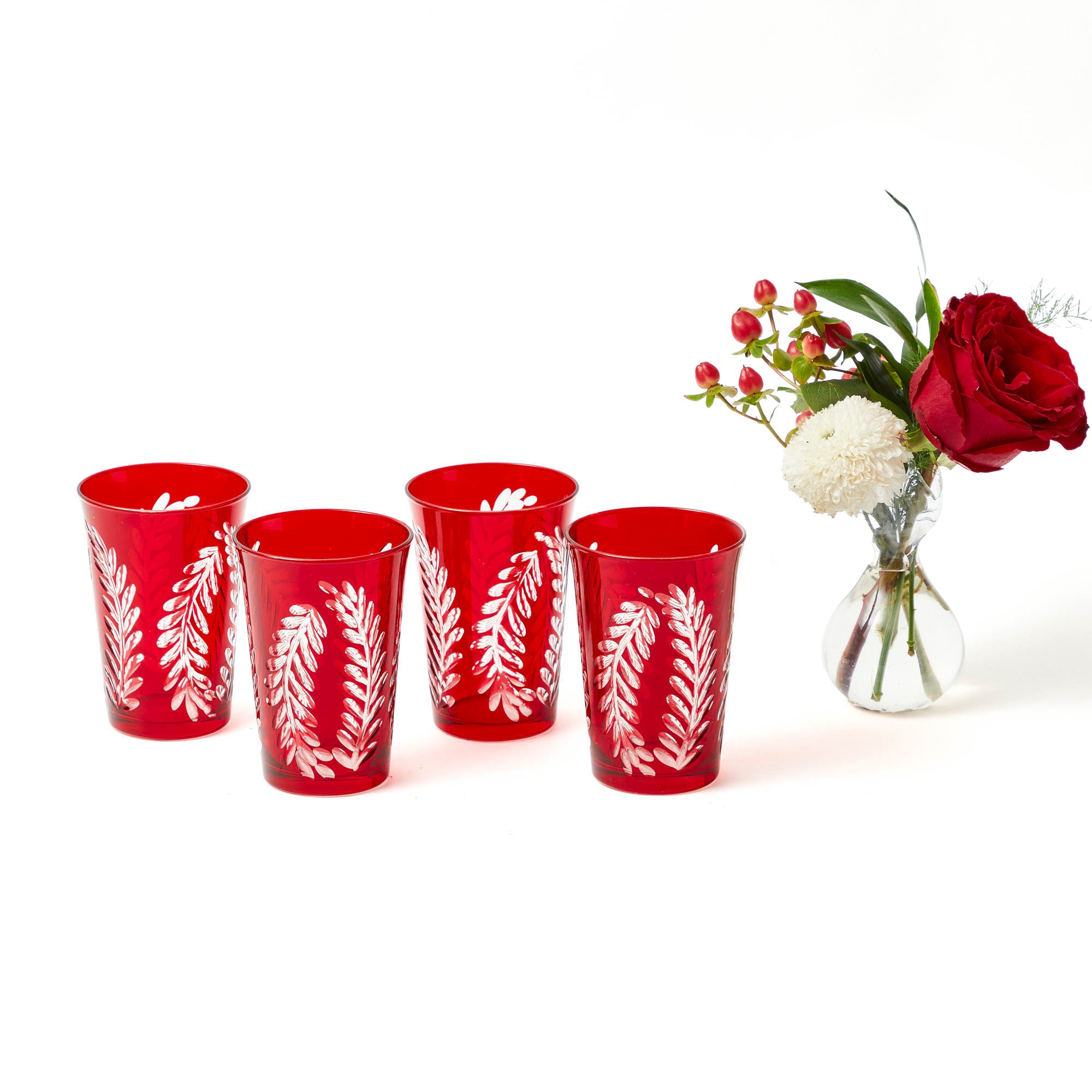 Brigitte Red Garland Engraved Water Glass (Set of 4)
