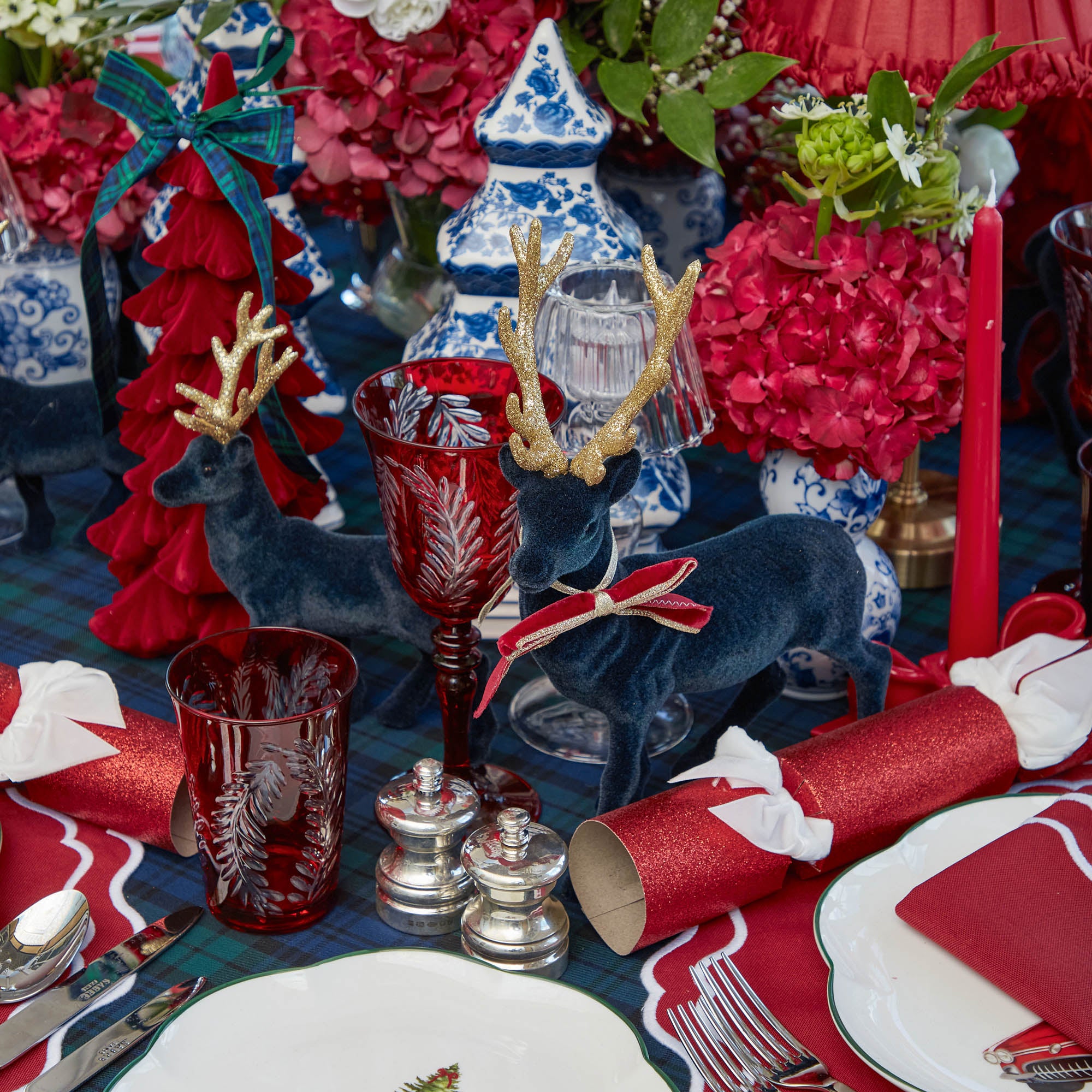 Navy Flocked Reindeer Family with Gold Trimmed Bows