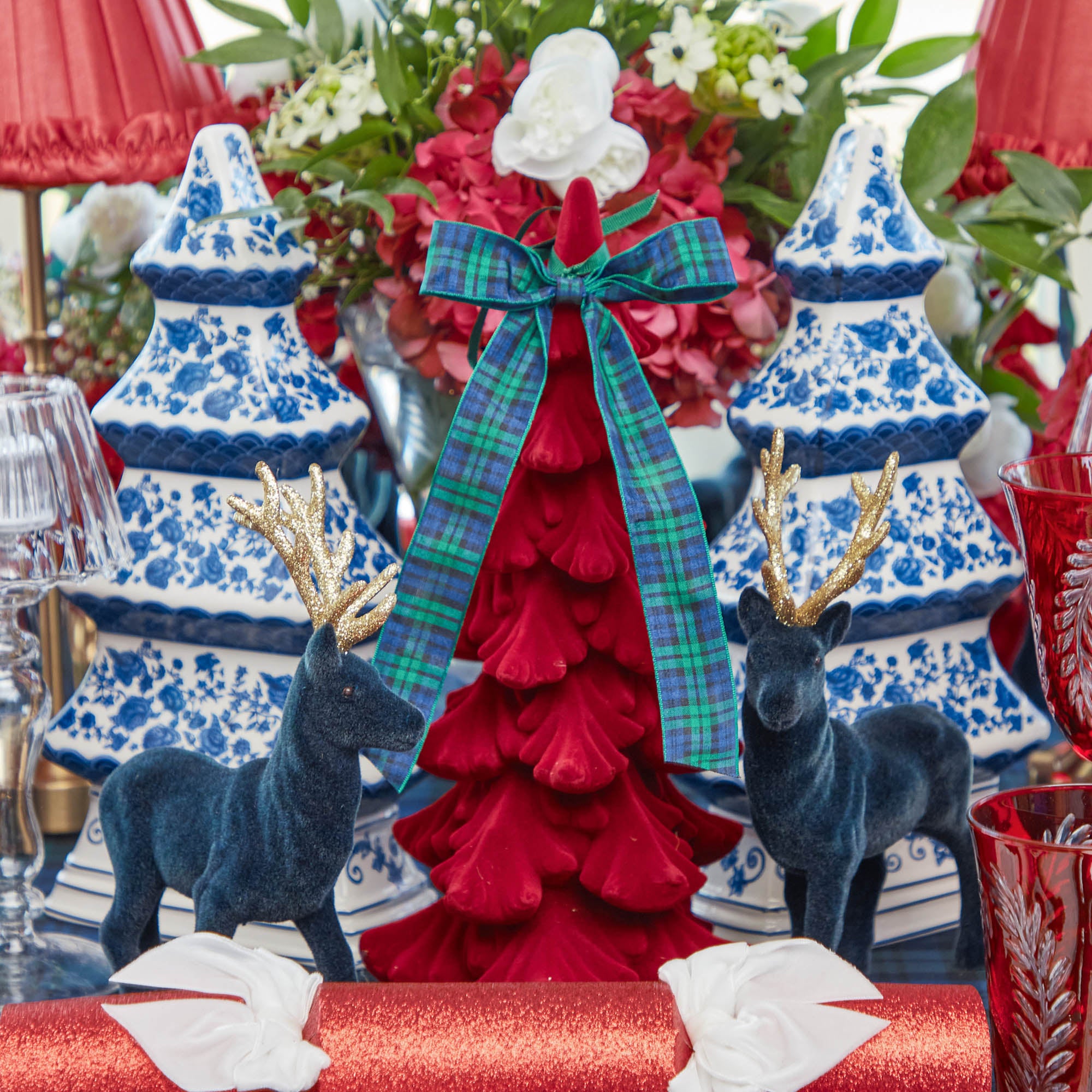 Small Flocked Navy Reindeers with Gold Antlers (Set of 4)