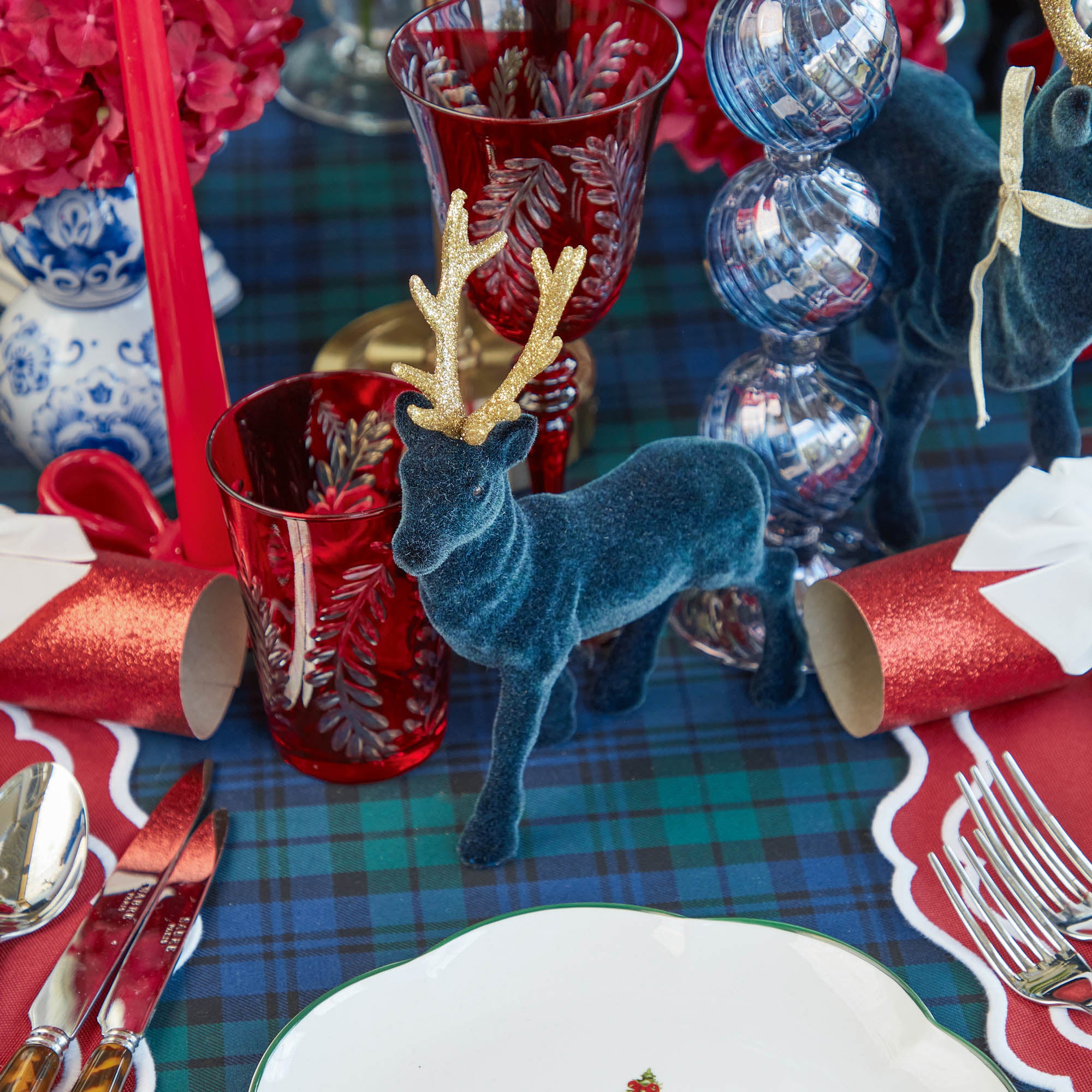 Small Flocked Navy Reindeers with Gold Antlers (Set of 4)