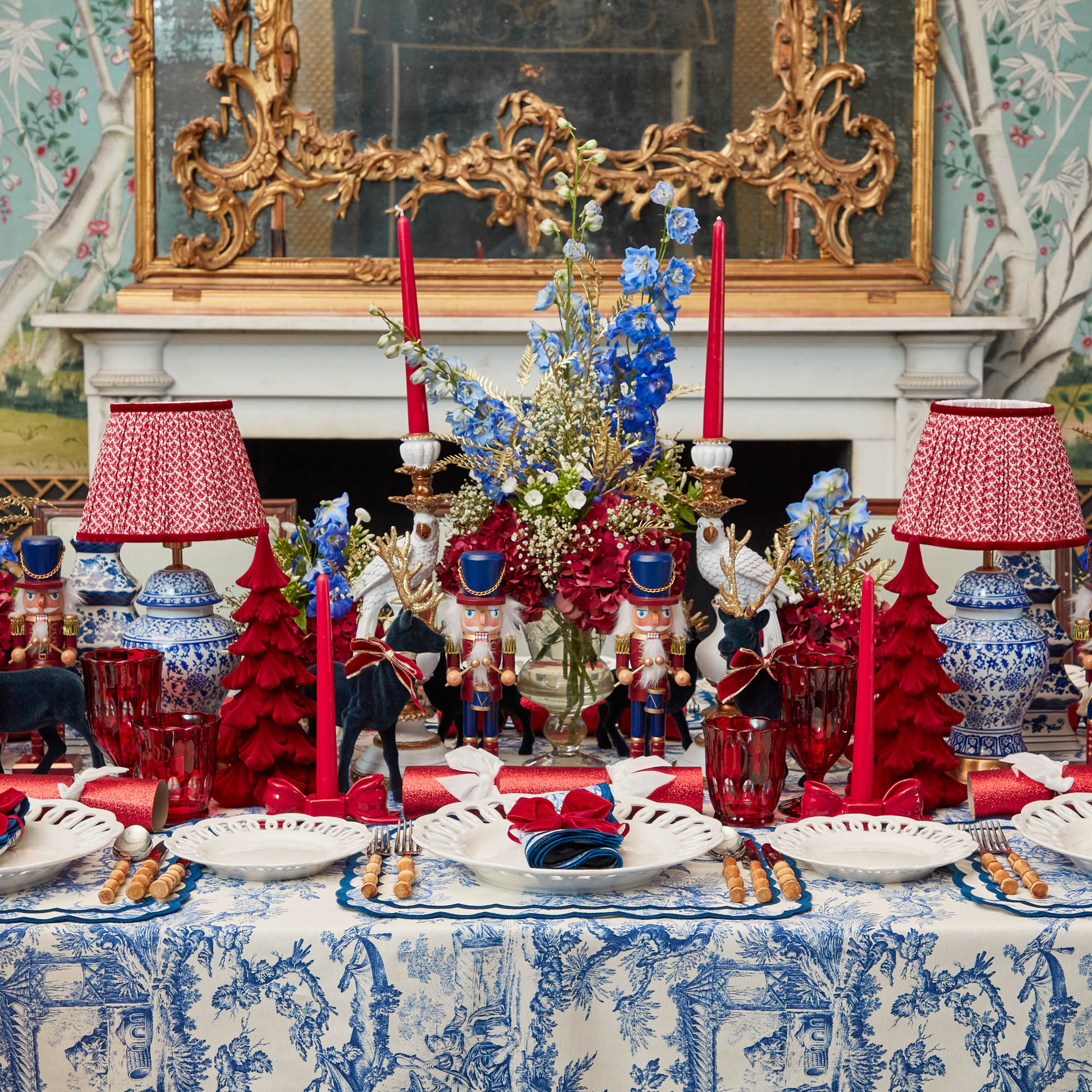 Small Flocked Navy Reindeers with Gold Antlers (Set of 4)