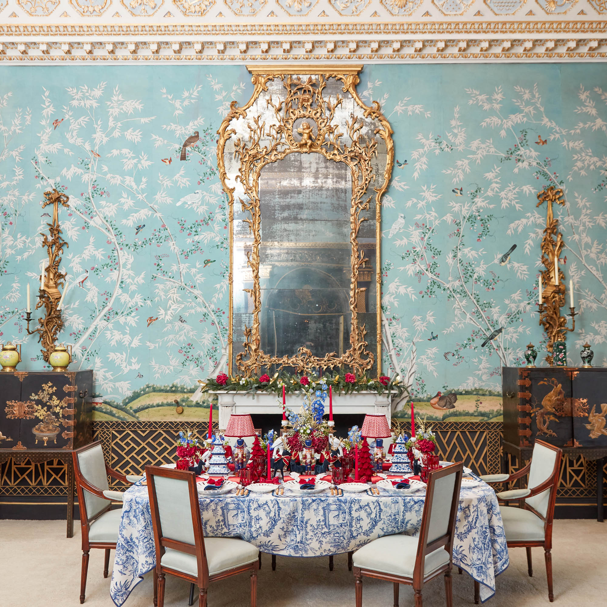 Blue & Red Hand Embroidered Father Christmas Napkins (Set of 4)