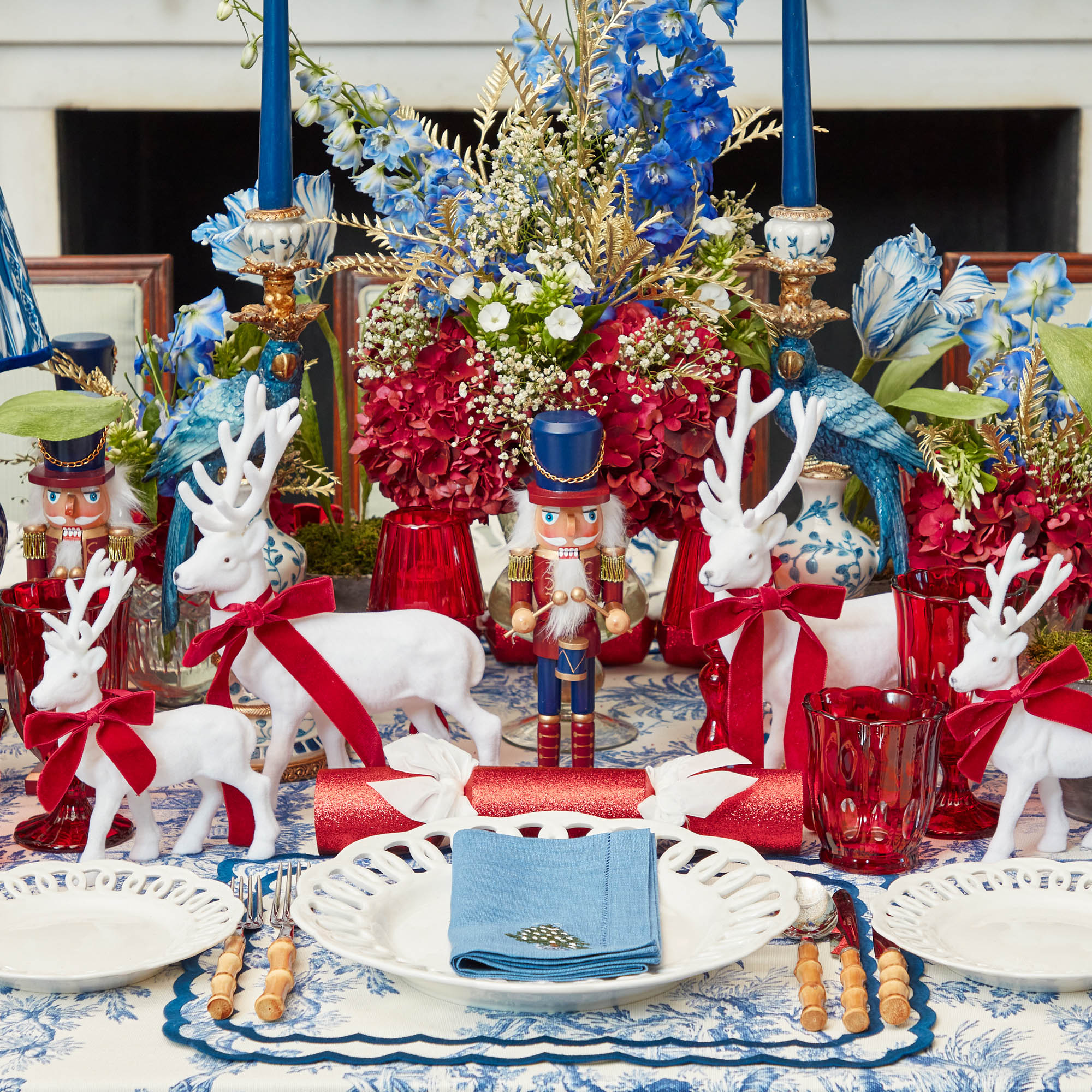 Large White Flocked Reindeer with Velvet Bows (Pair)