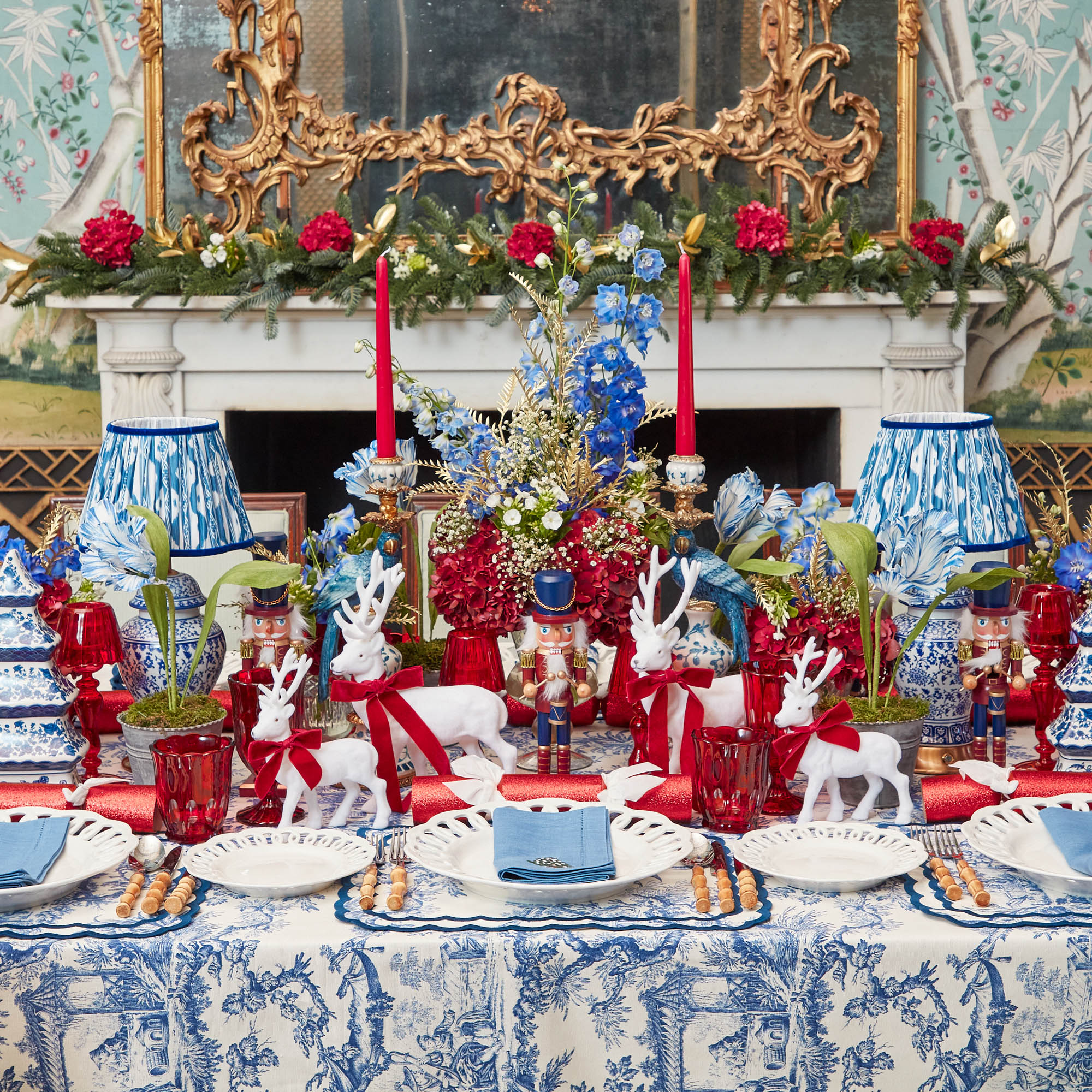 Large White Flocked Reindeer with Velvet Bows (Pair)
