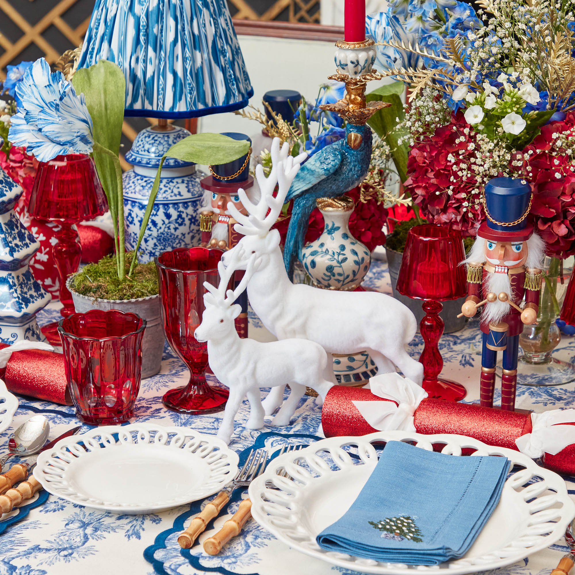 Large White Flocked Reindeer with Velvet Bows (Pair)