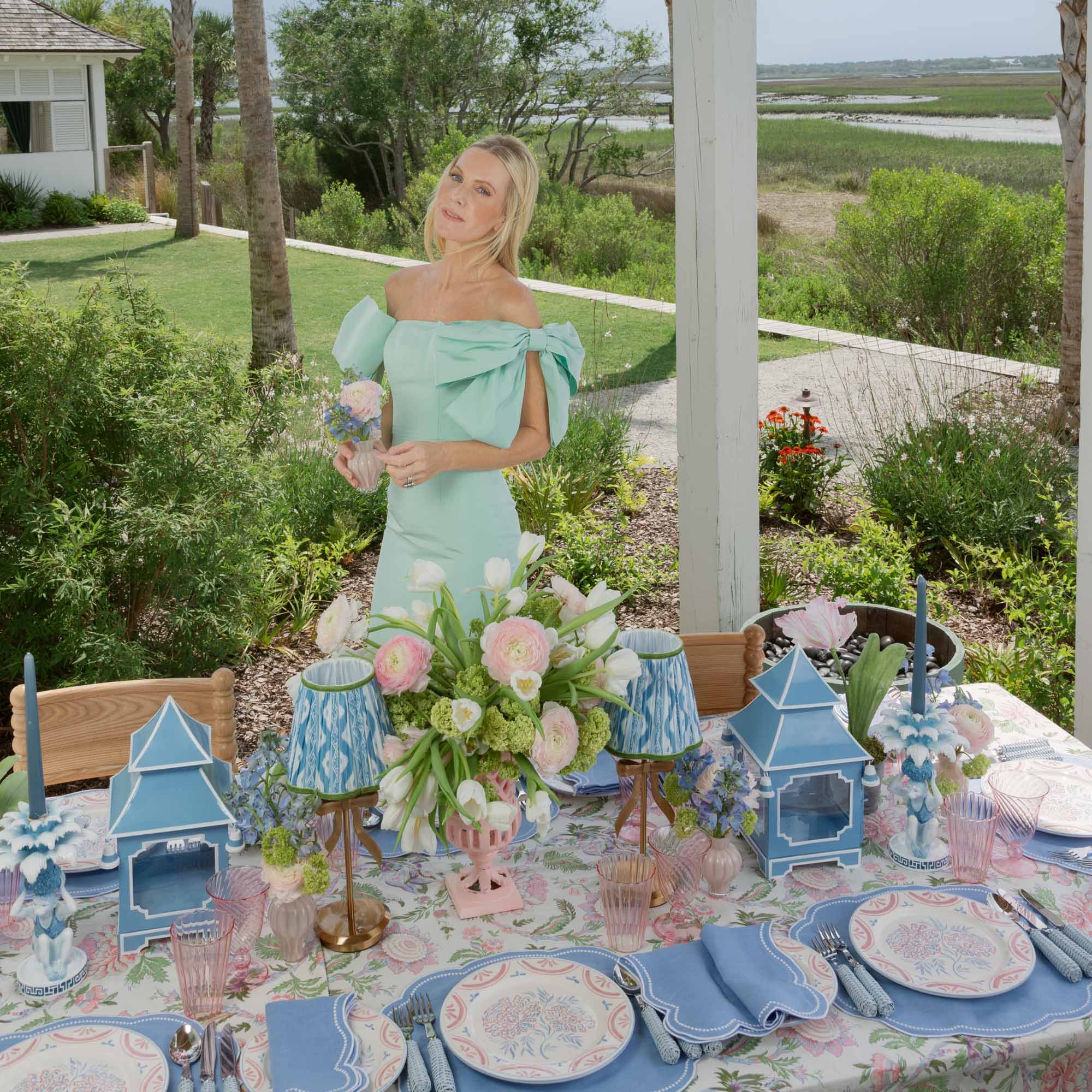 Marilyn Bow Rechargeable Lamp with Blue & Green Ikat Shade (18cm)