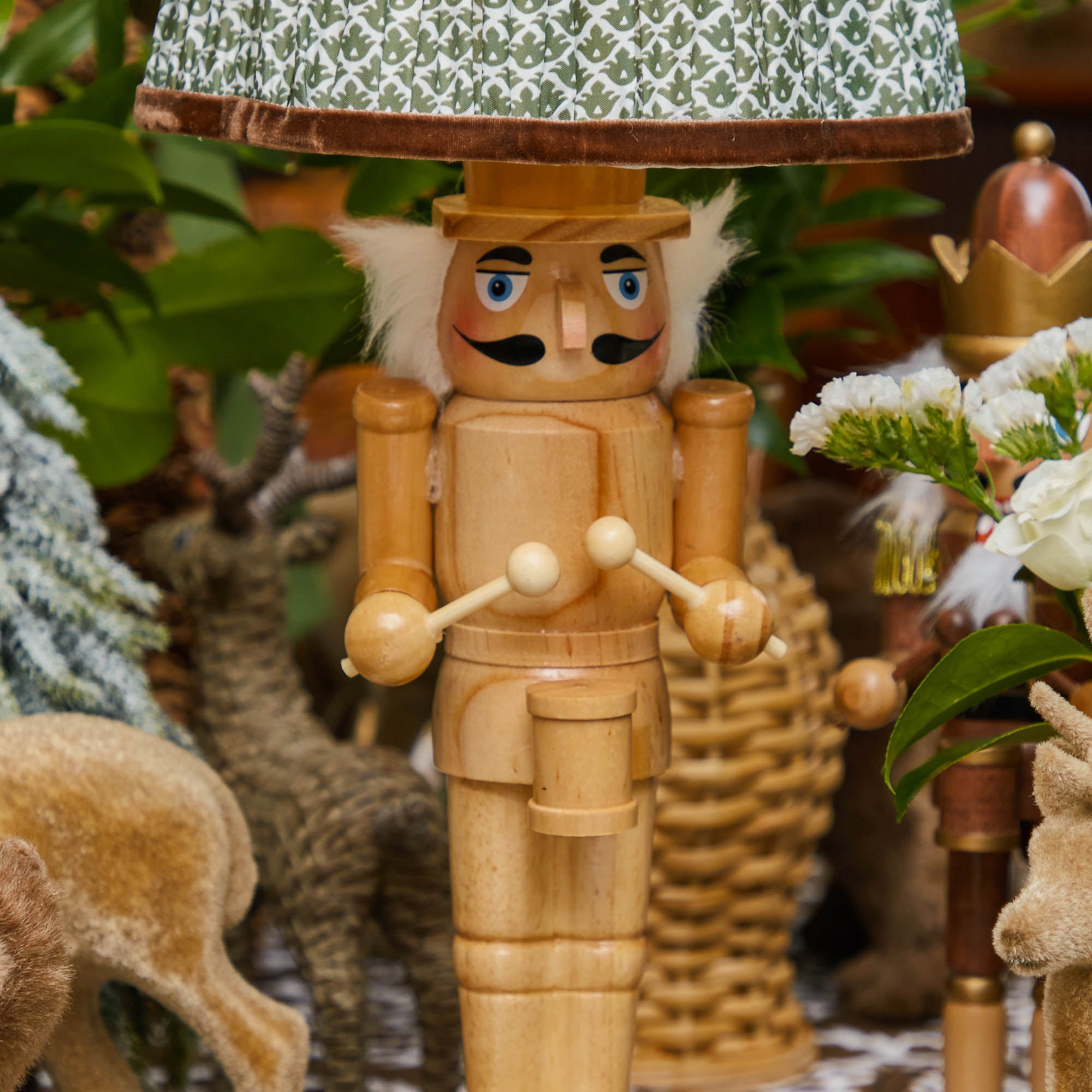 Pair of Nutcracker Rechargeable Lamp with Olive & Chocolate Lotus Shades (18cm)