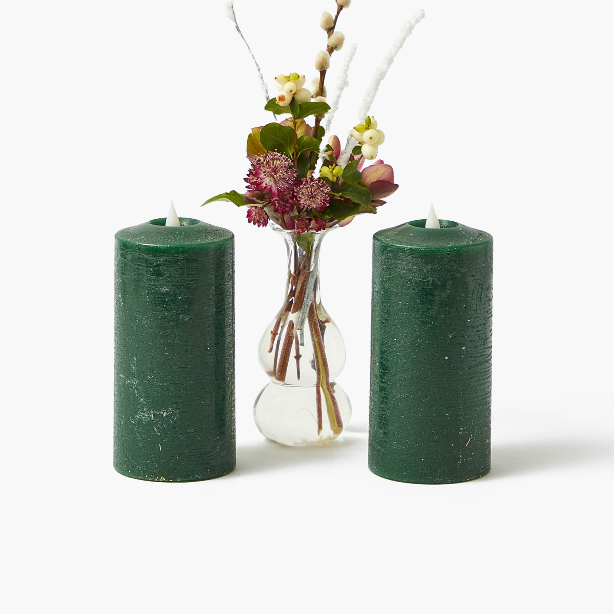 Forest Green LED Pillar Candles (Pair) - 15cm