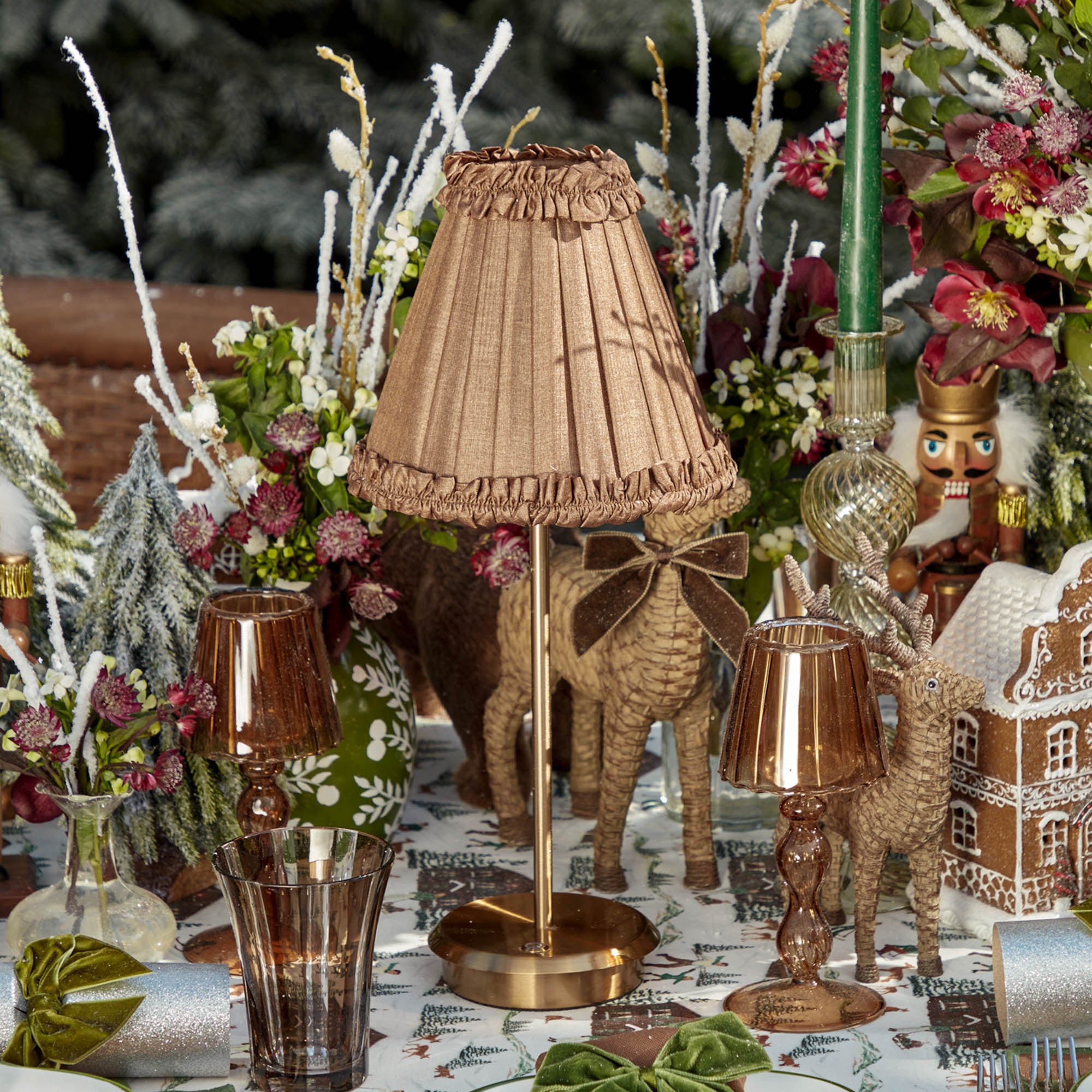 Tall Rechargeable Lamp with Brown Frilled Silk Shade (18cm)