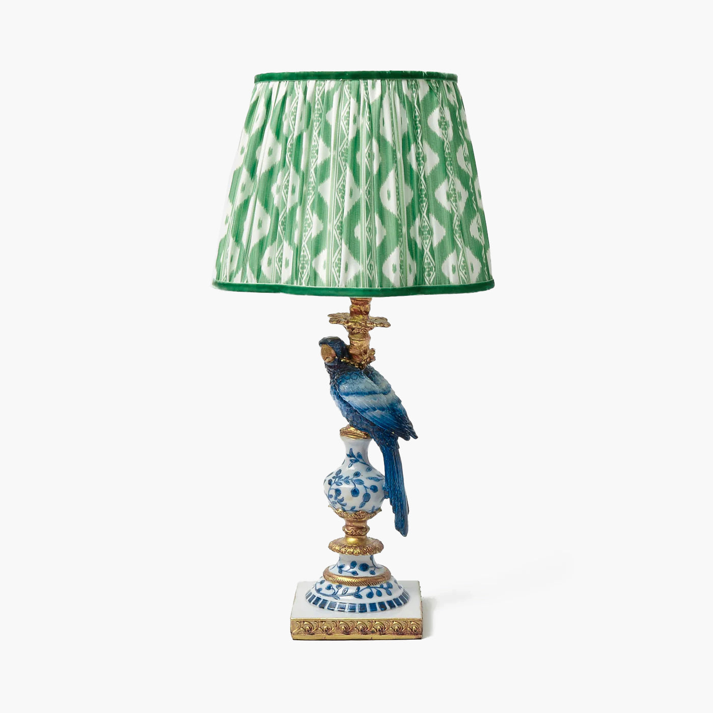 Blue Parrot Lamp with Green Ikat Shade (30cm)