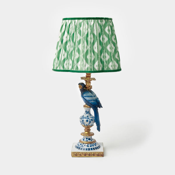 Blue Parrot Lamp with Green Ikat Shade (30cm)