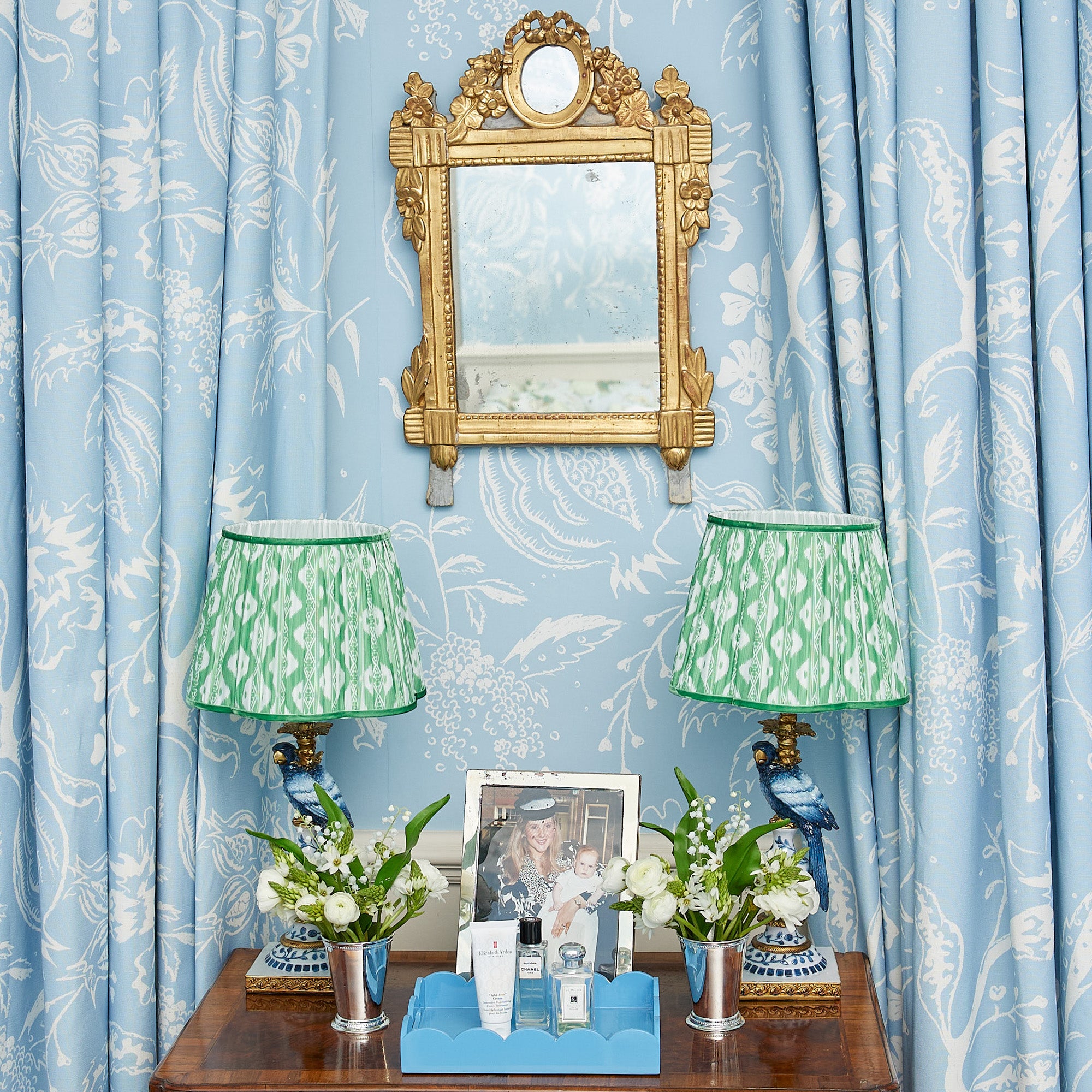 Blue Parrot Lamp with Green Ikat Shade (30cm)