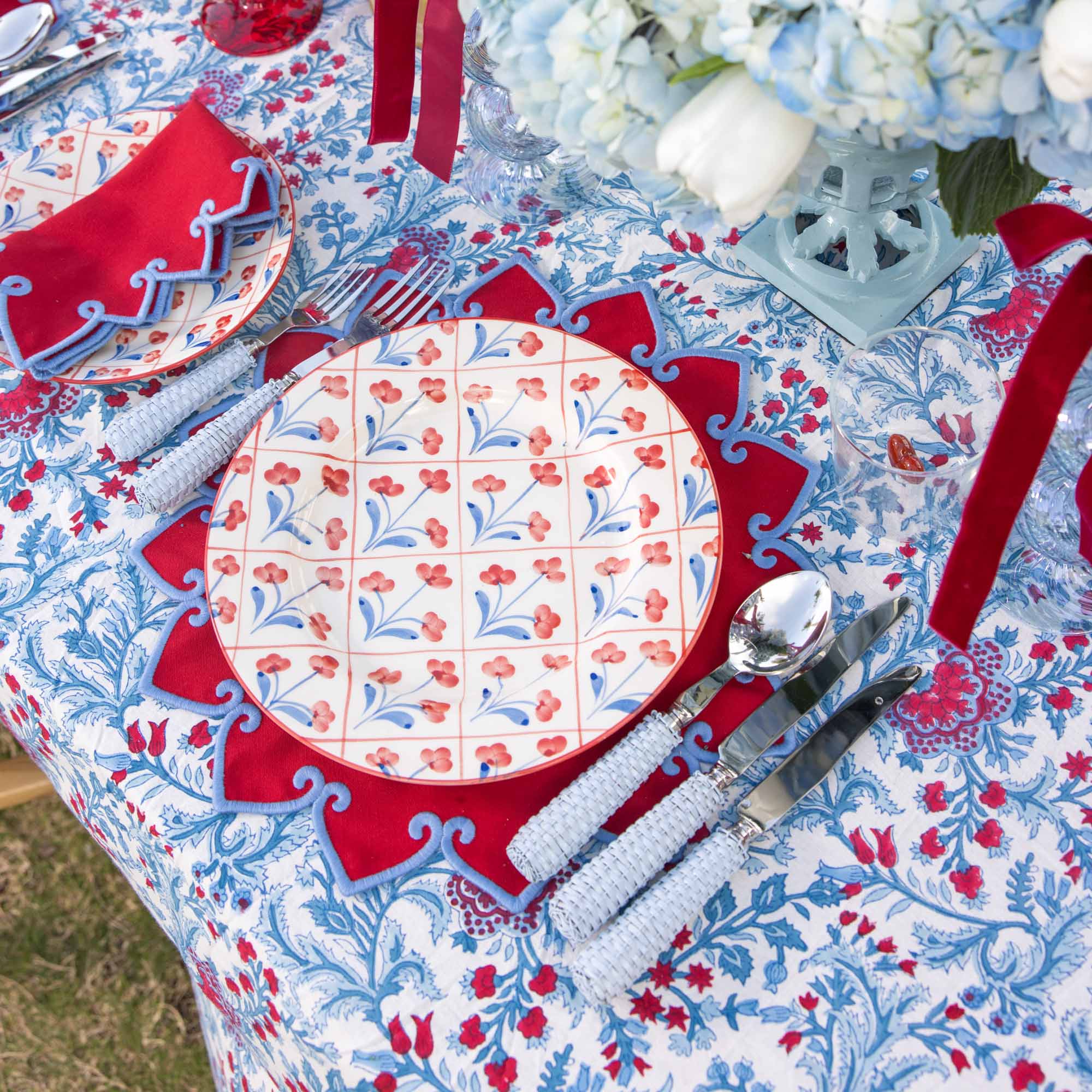 Blue & Red Floral Trellis Dinner Plates (Set of 4)