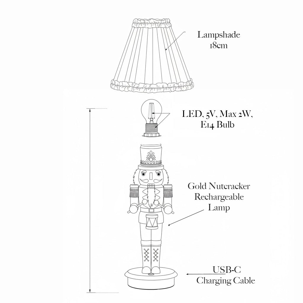 Gold Nutcracker Rechargeable Lamp with Burgundy Frilled Silk Shade (18cm)