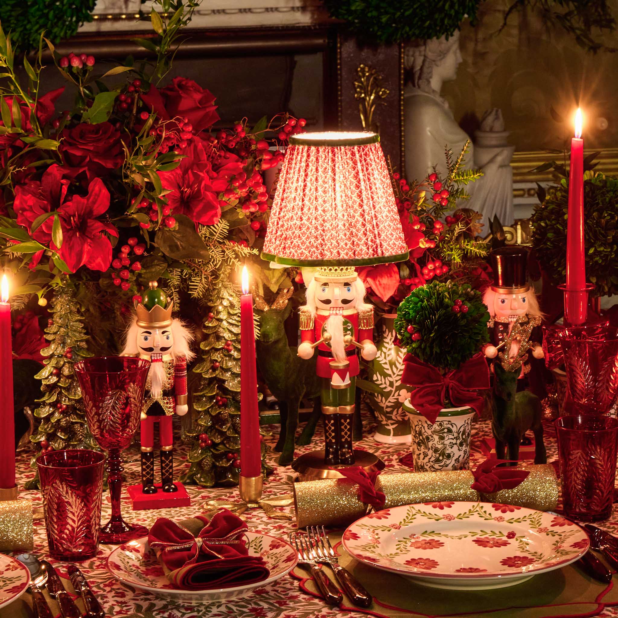 Traditional Nutcracker Rechargeable Lamp with Red & Olive Lotus Shade (18cm)