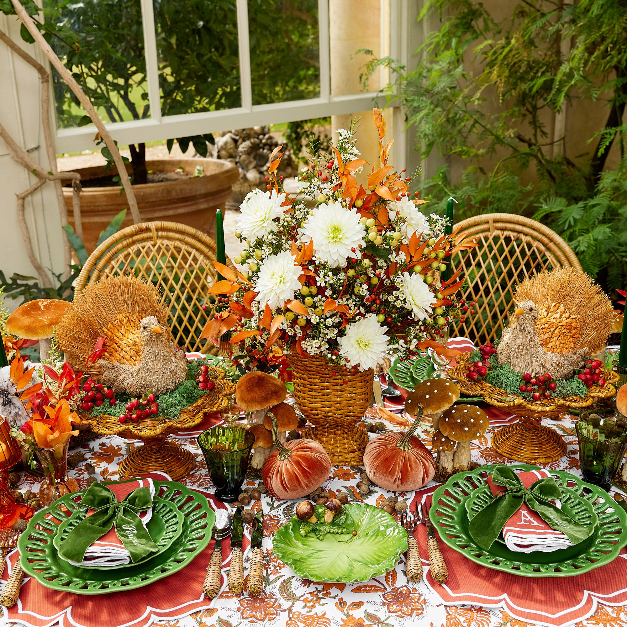 Decorative raffia turkey figure, perfect for seasonal display.