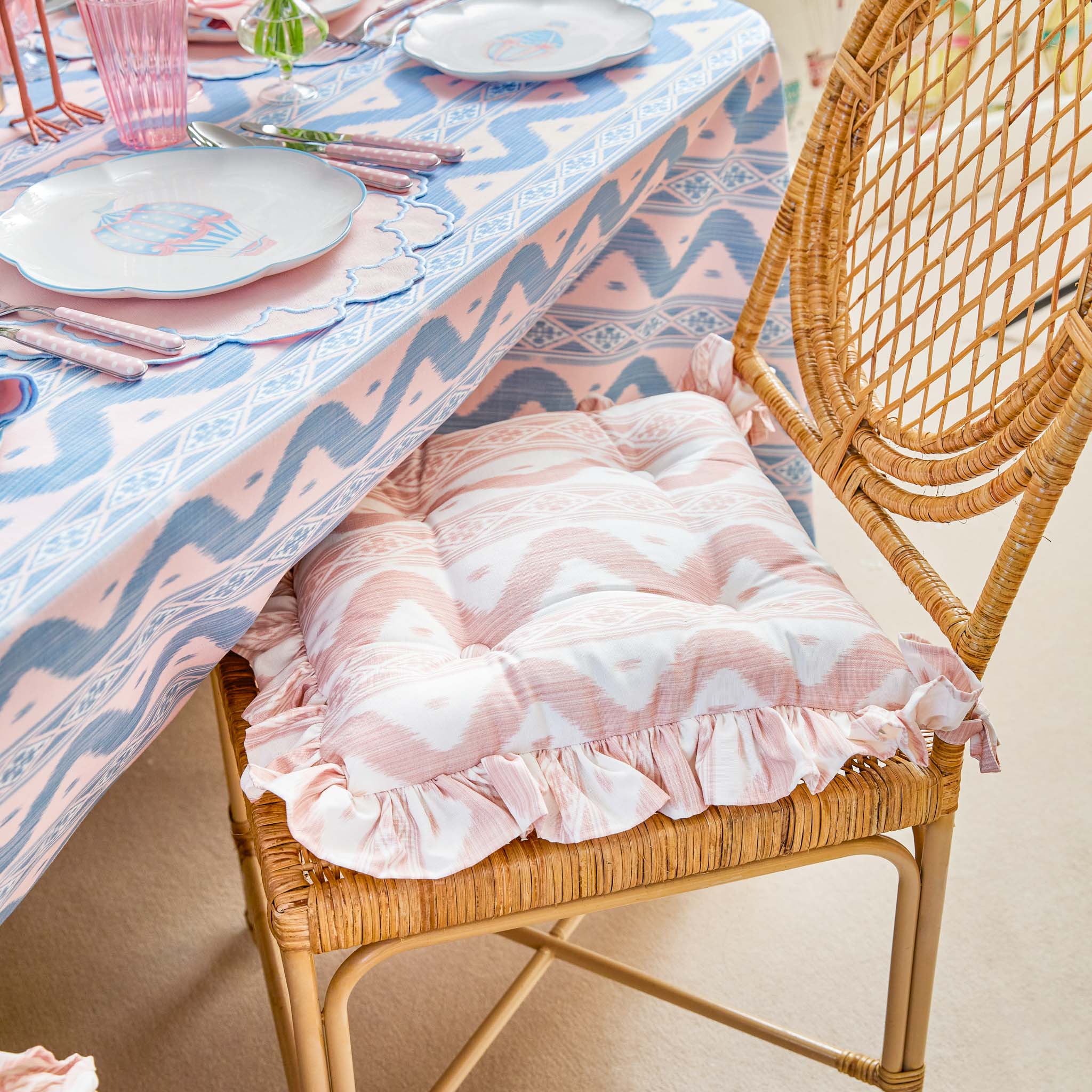 Frilled Pink Ikat Seat Pad Cushions (Set of 4)