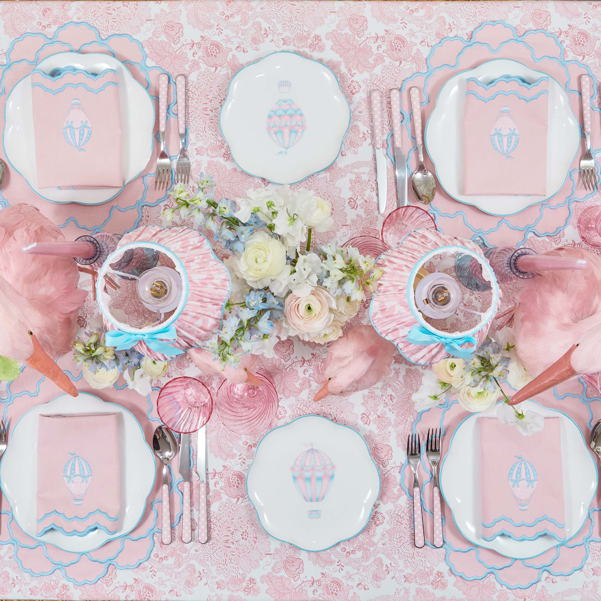 Sarah Pink & Blue Hot Air Balloon Embroidered Napkins (Set of 4)