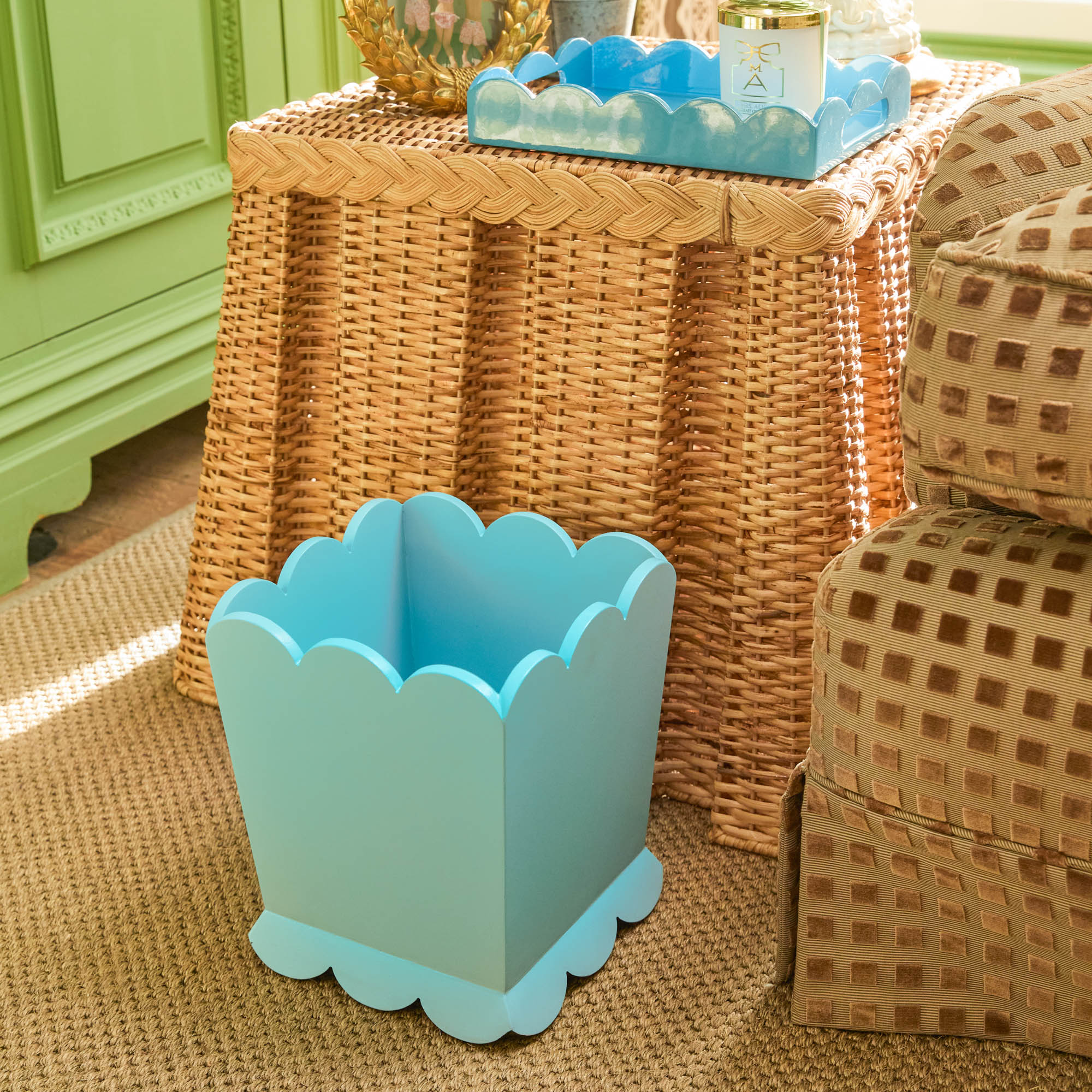 Soft Blue Scalloped Lacquer Waste Paper Bin