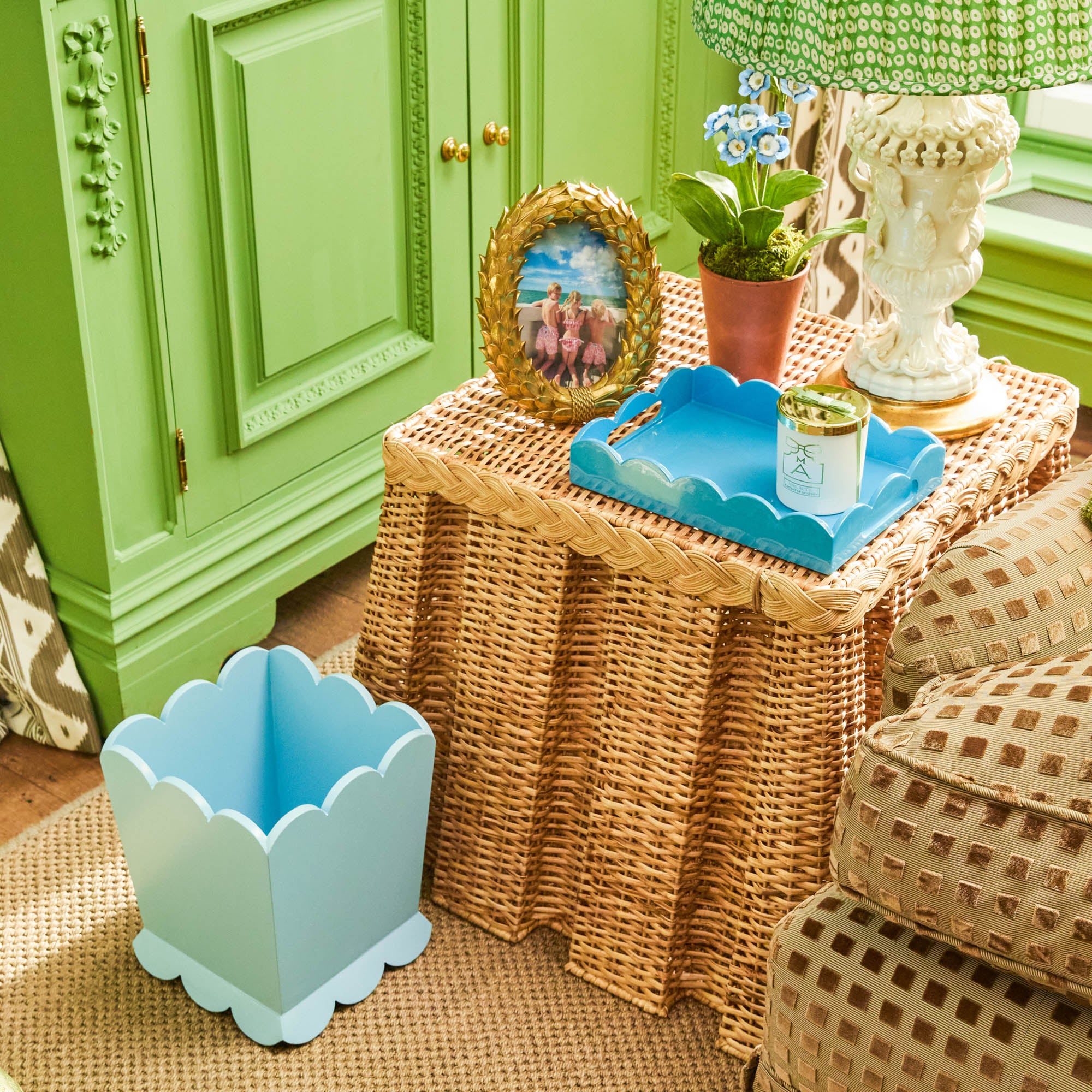 Soft Blue Scalloped Lacquer Waste Paper Bin