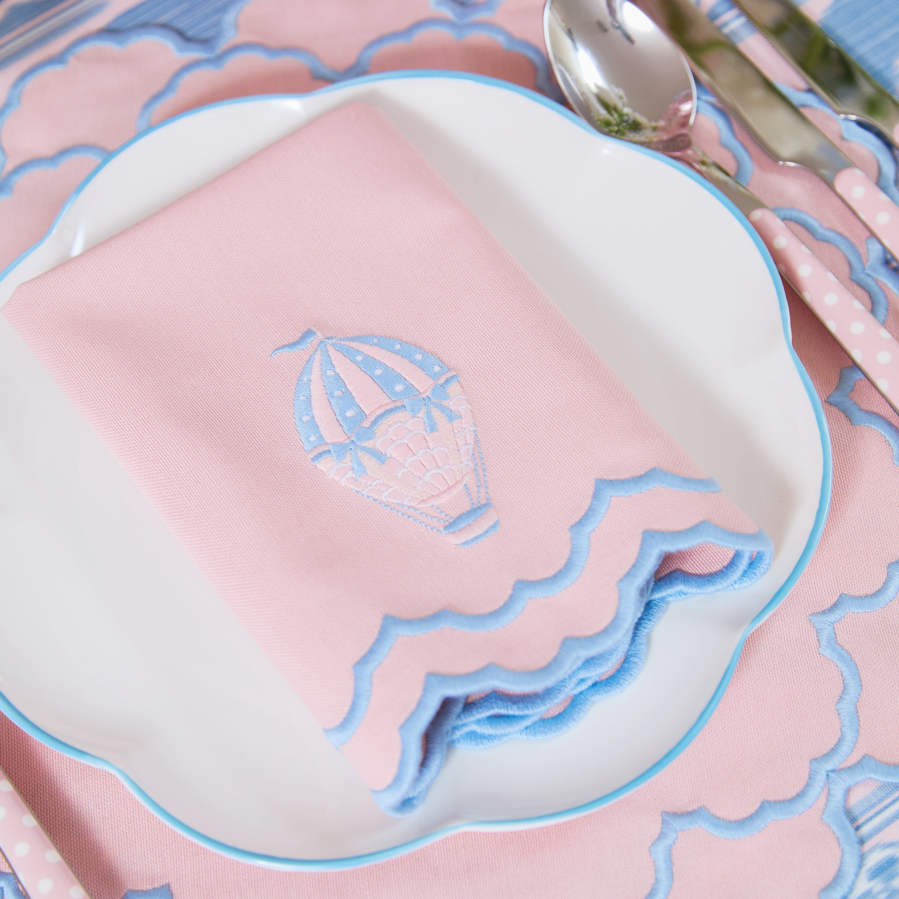 Sarah Pink & Blue Hot Air Balloon Embroidered Napkins (Set of 4)