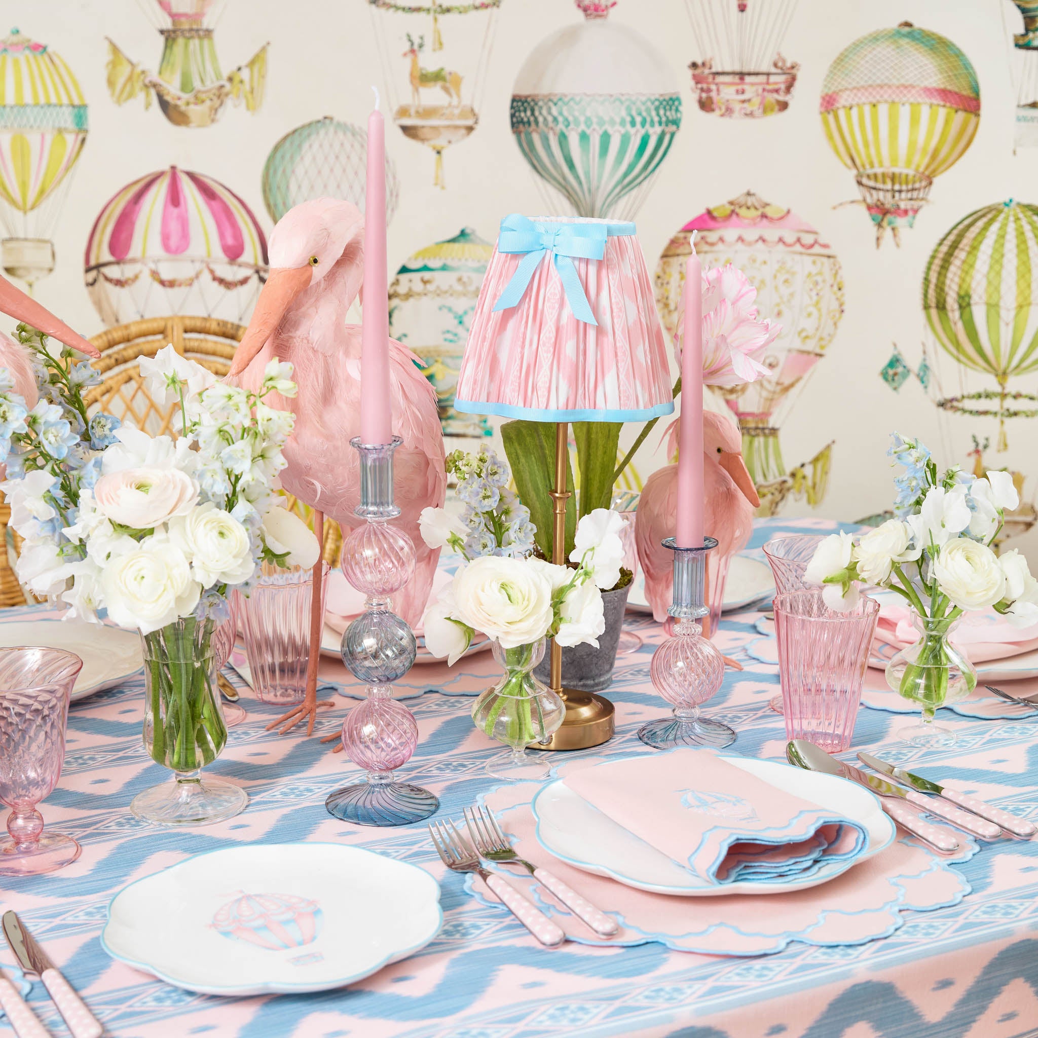 Edie Rechargeable Lamp with Pink & Blue Ikat Bow Shade (18cm)