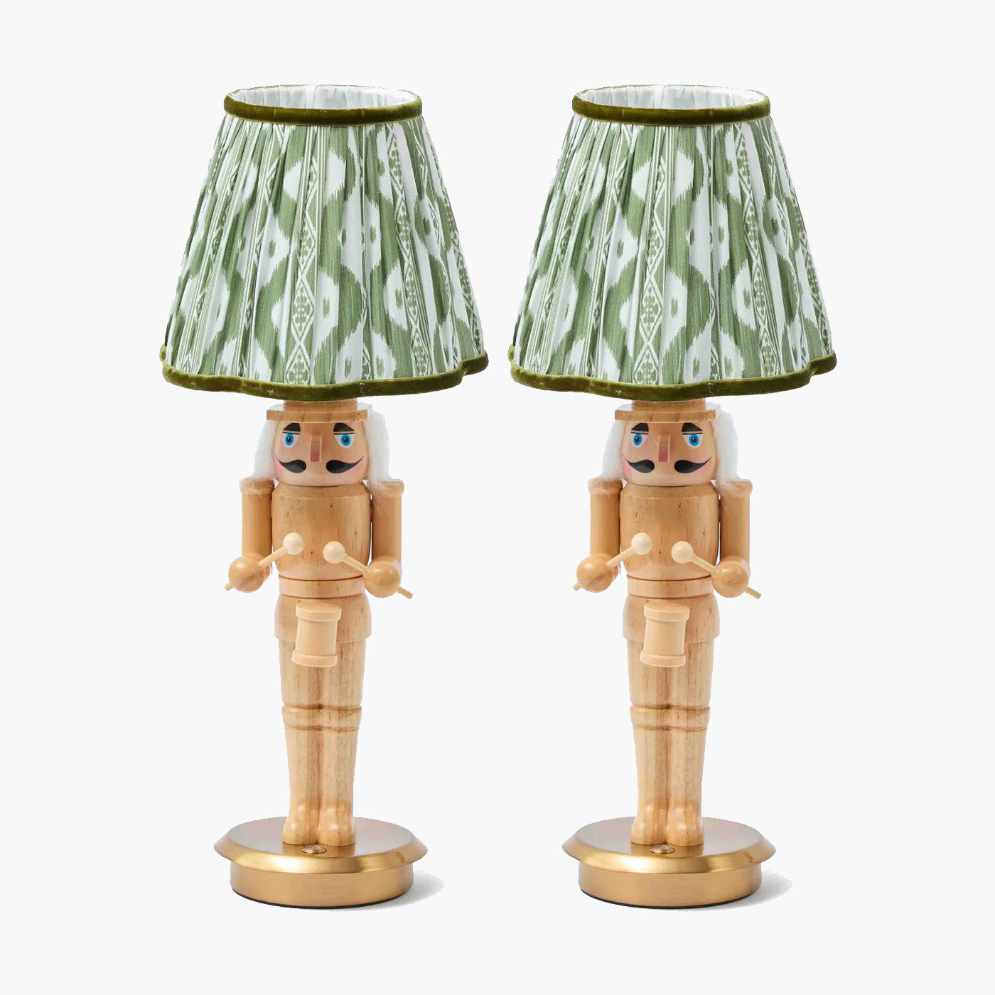 Pair of Nutcracker Rechargeable Lamps with Olive Ikat Shades (18cm)