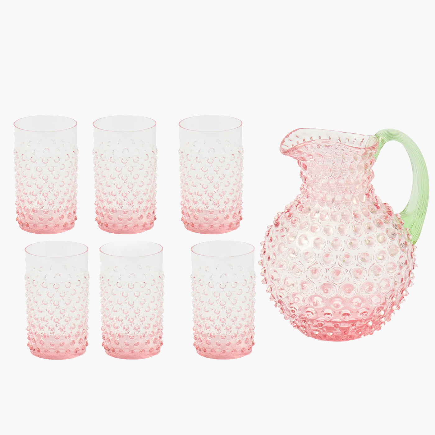 Rose Hobnail Jug with Emerald Handle & Glasses (Set of 6)