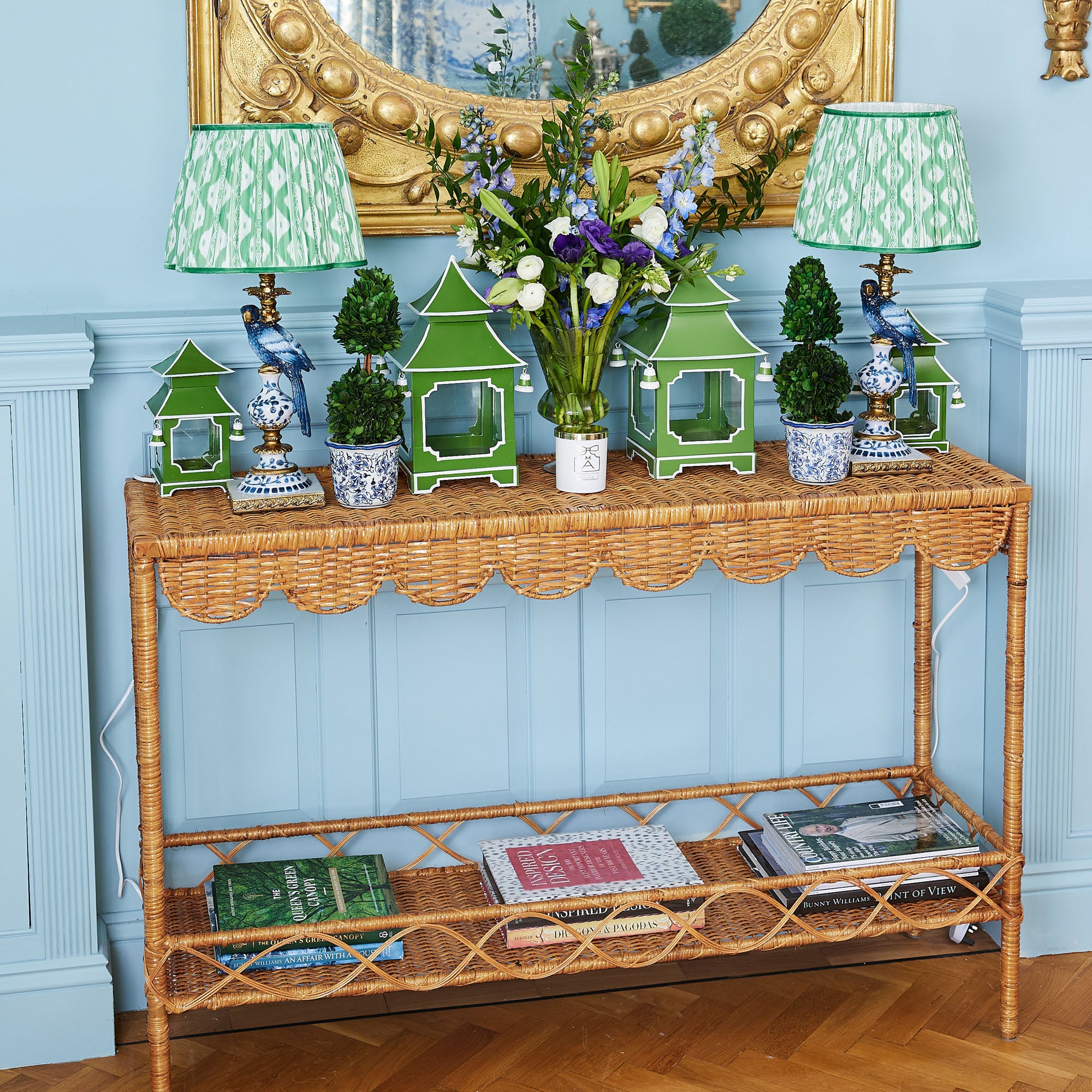 Blue Parrot Lamp with Green Ikat Shade (30cm)