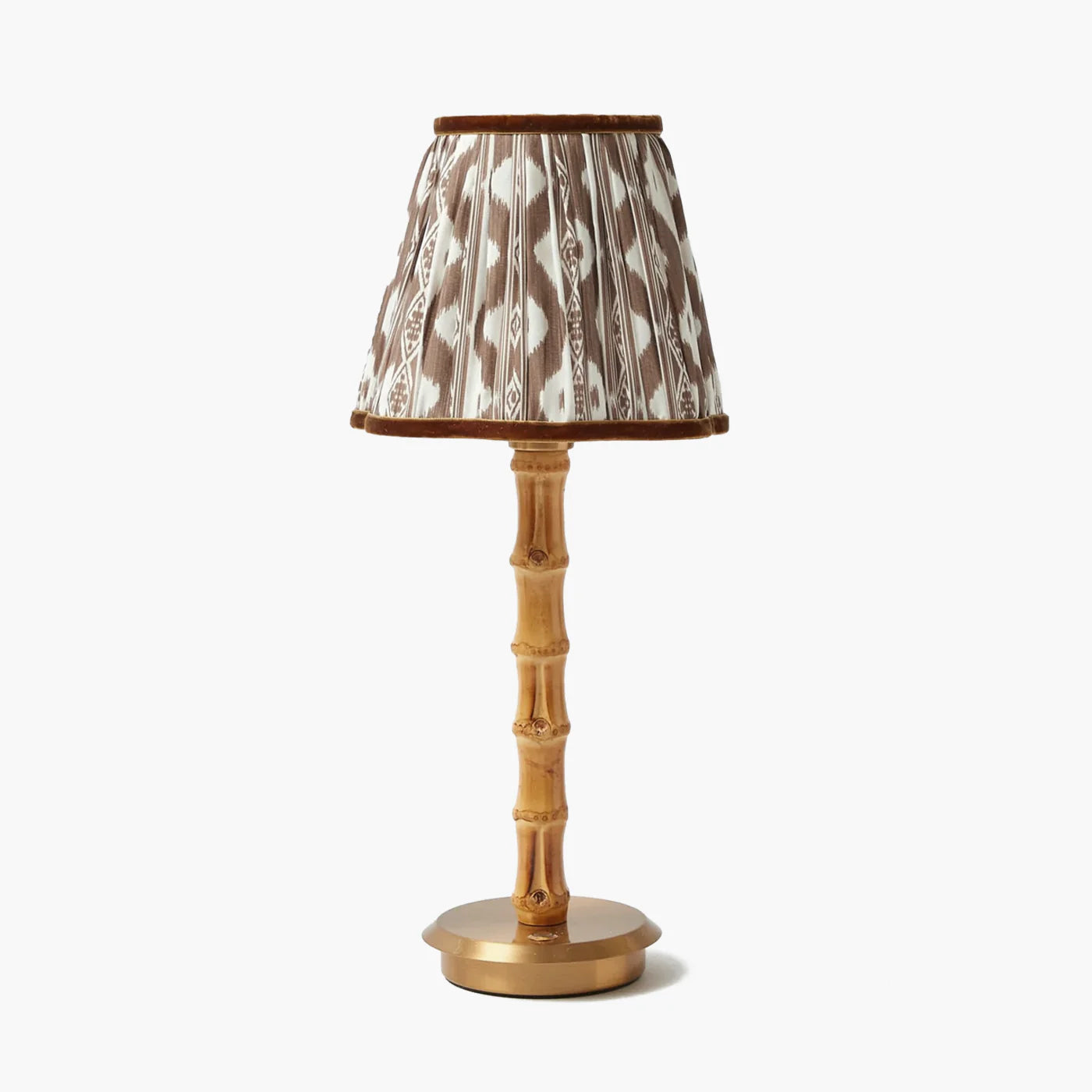 Rechargeable Bamboo Lamp with Chocolate Brown Ikat Shade (18cm)