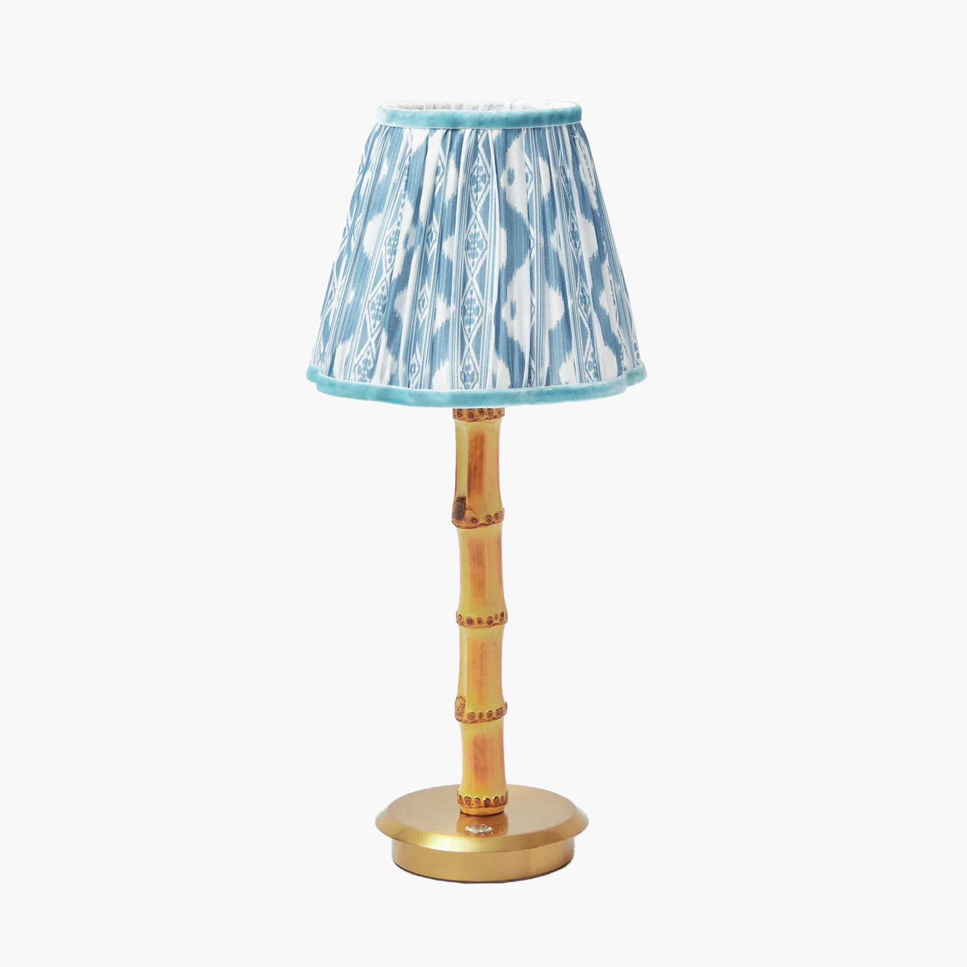Rechargeable Bamboo Lamp with Blue Ikat Shade (18cm)
