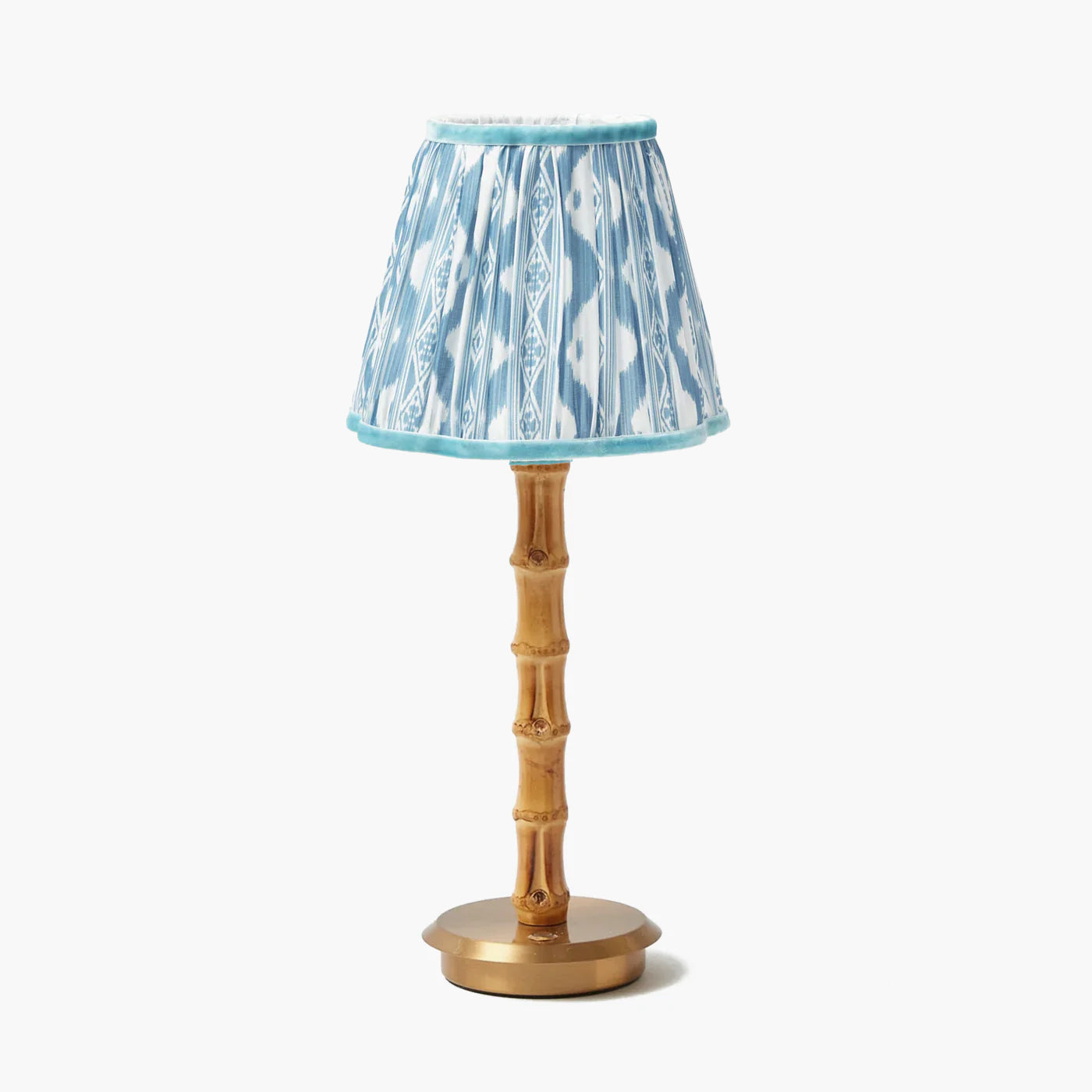 Rechargeable Bamboo Lamp with Blue Ikat Shade (18cm)