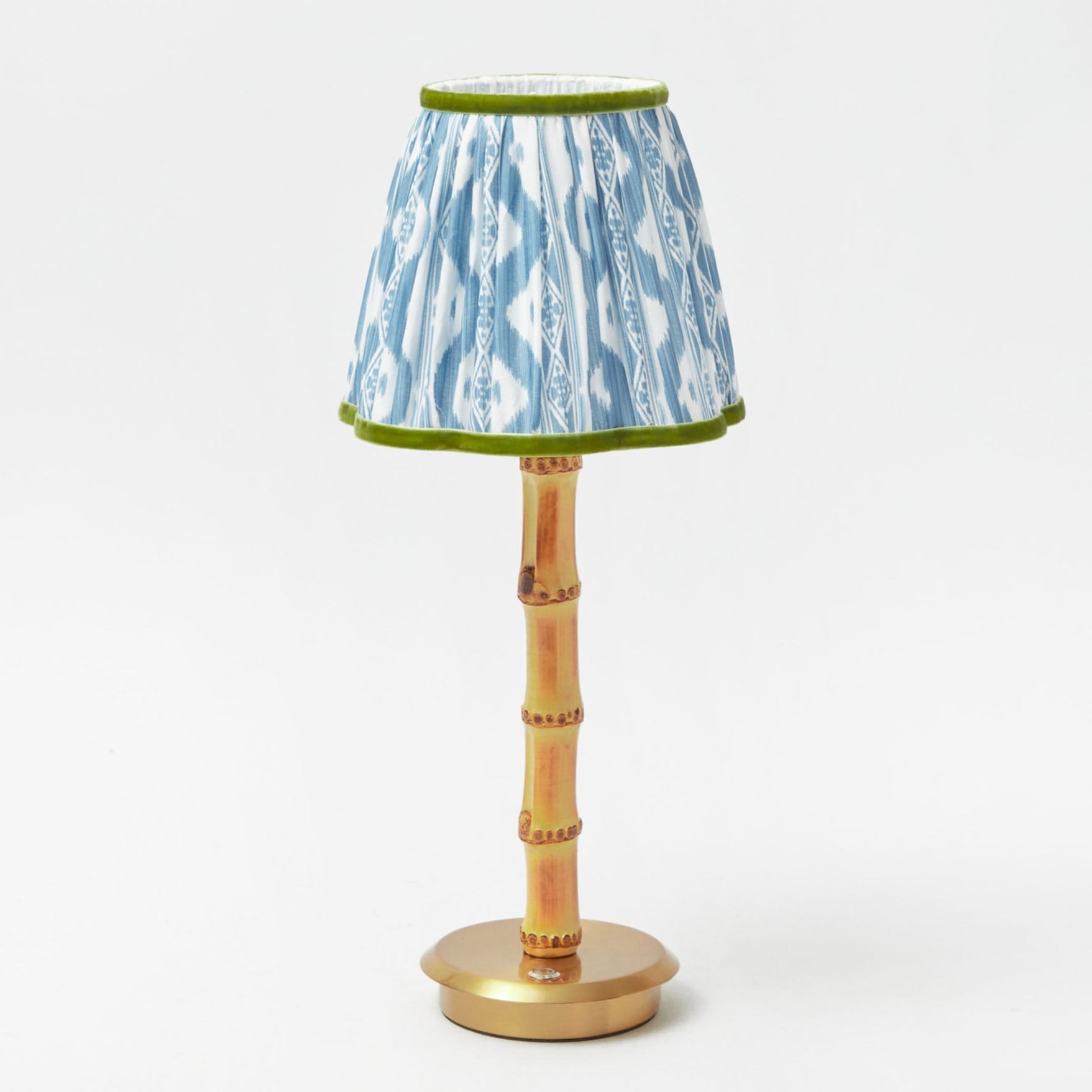 Rechargeable Bamboo Lamp with Blue & Green Ikat Shade (18cm)
