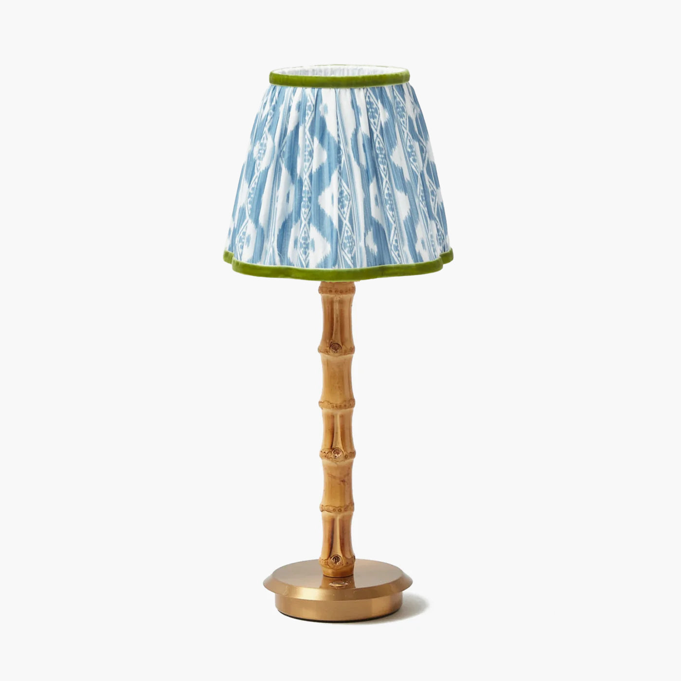 Rechargeable Bamboo Lamp with Blue & Green Ikat Shade (18cm)