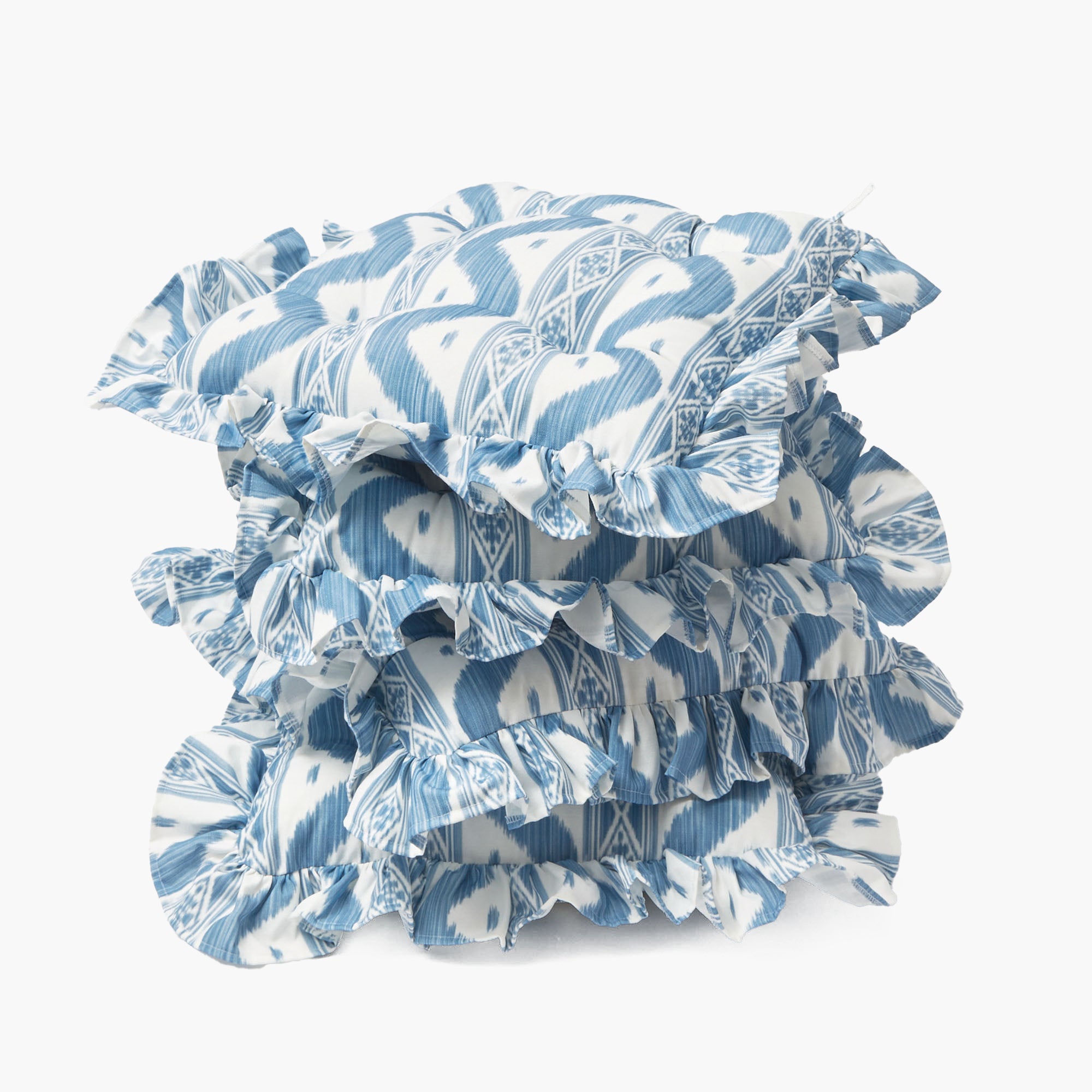 Frilled Blue Ikat Seat Pad Cushions (Set of 4)