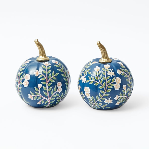 Pair of Blue Chinoiserie Pumpkins: Elegance in autumn decor.